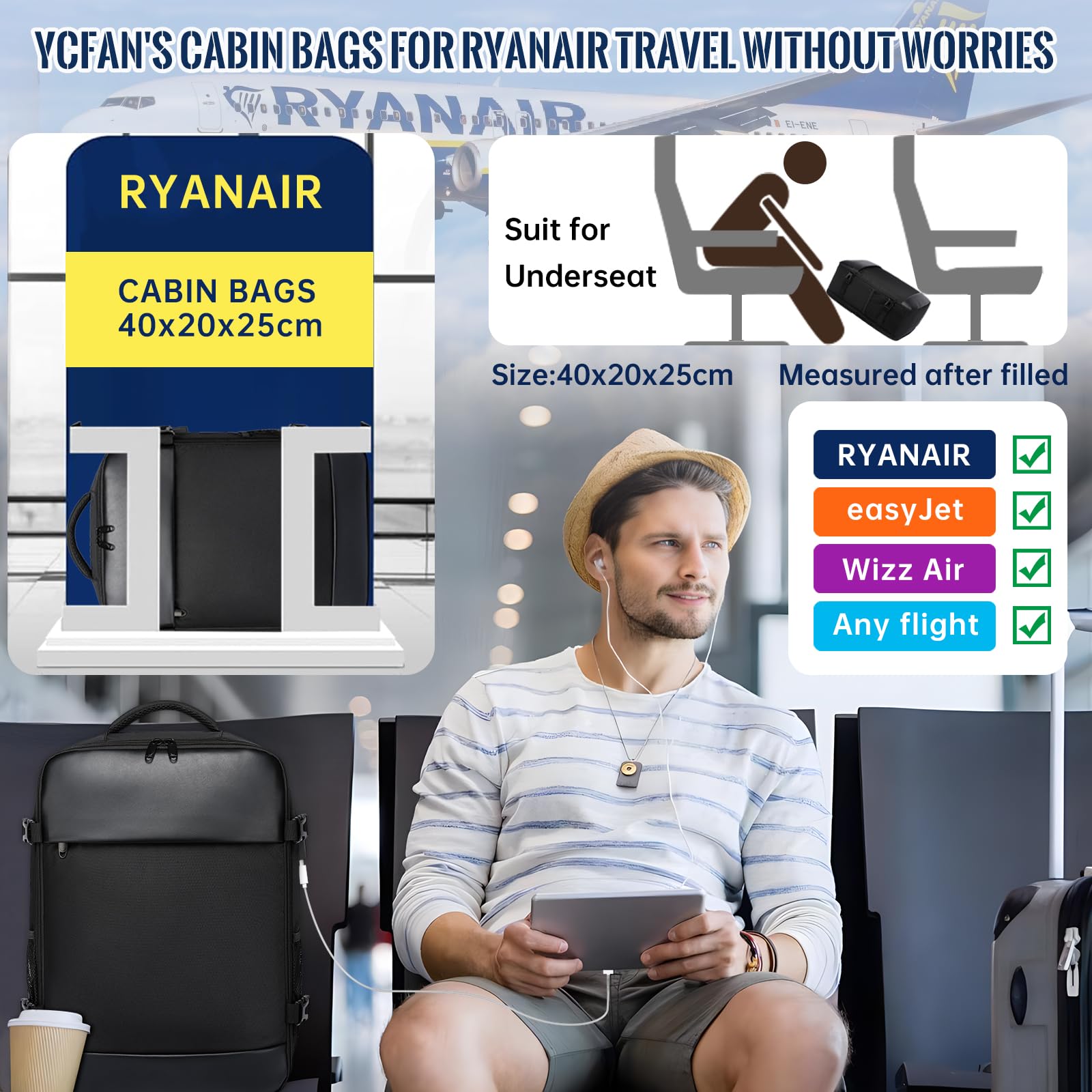 YCFAN per Zaino Ryanair 40x20x25, Zaino da Viaggio, Piccolo Zaino da Viaggio per Viaggiare Fit 15.6 Laptop, Borsa Bagaglio a Mano Zaino Viaggio con Porta Cavo