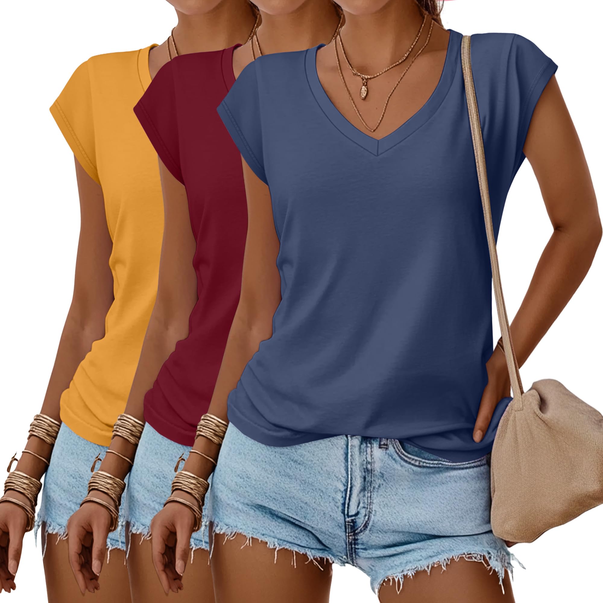 Huukeay 3 Pack Women's V Neck Short Sleeve Shirts | Soft but Sturdy Fabric, Roomy Drapey Fit, Cap Sleeve, Casual Summer Wear, Year-Round Wearable Style