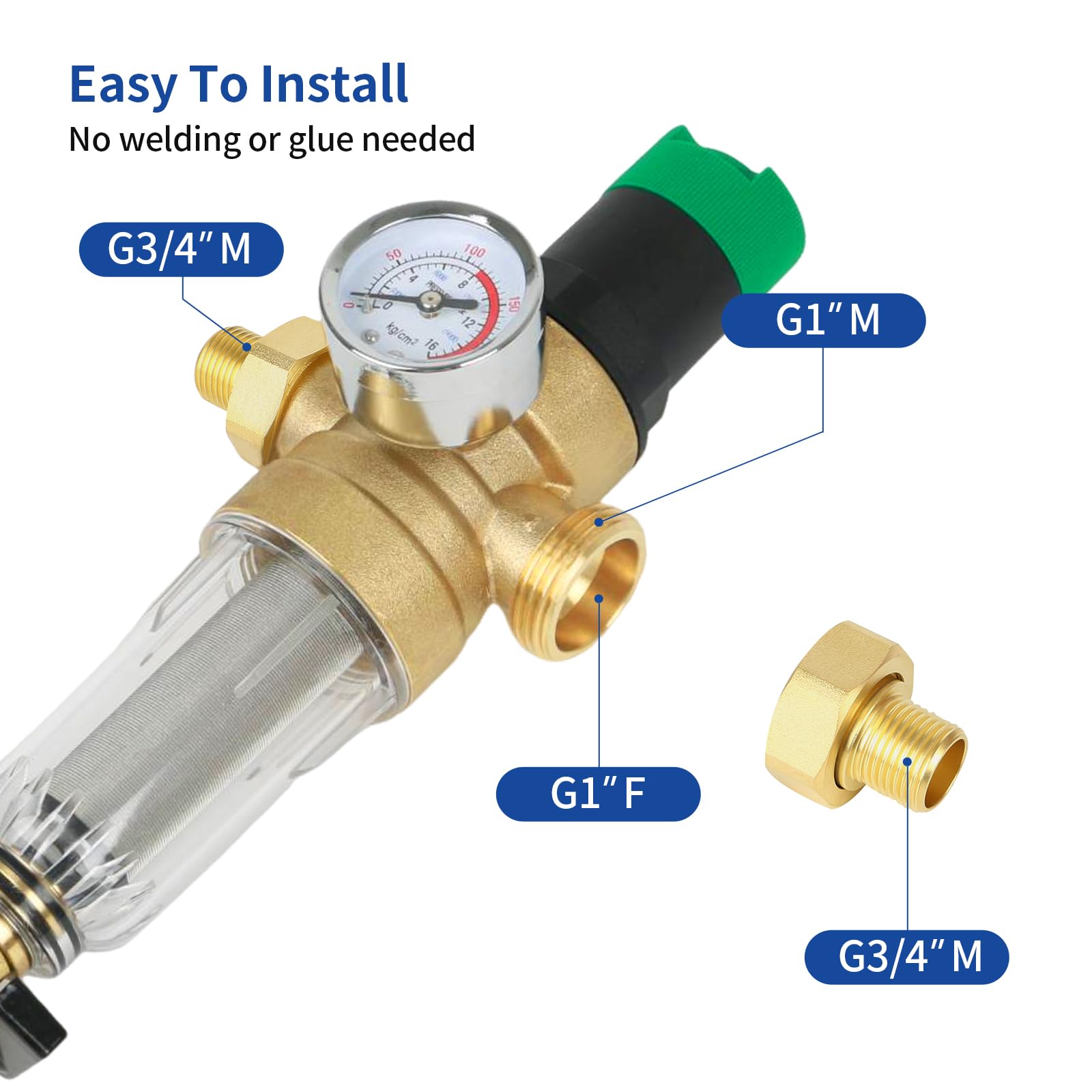 Riduttore Pressione Acqua 3/4" - Con Manometro, Ottone, Regolabile 0.1-1MPa, Per Casa E Industria - Foto 5