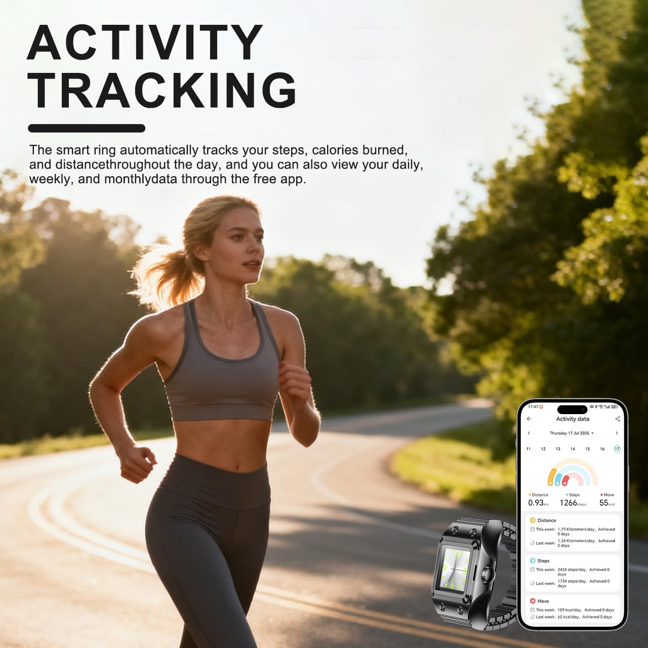 Anneau Intelligent avec Montre à Quartz, Tracker de Sommeil/Fréquence Cardiaque/Oxymétrie/Activité, Bluetooth Photography Bague Intelligente Disponible Pour iOS/Android, Longueur Réglable (Doré)