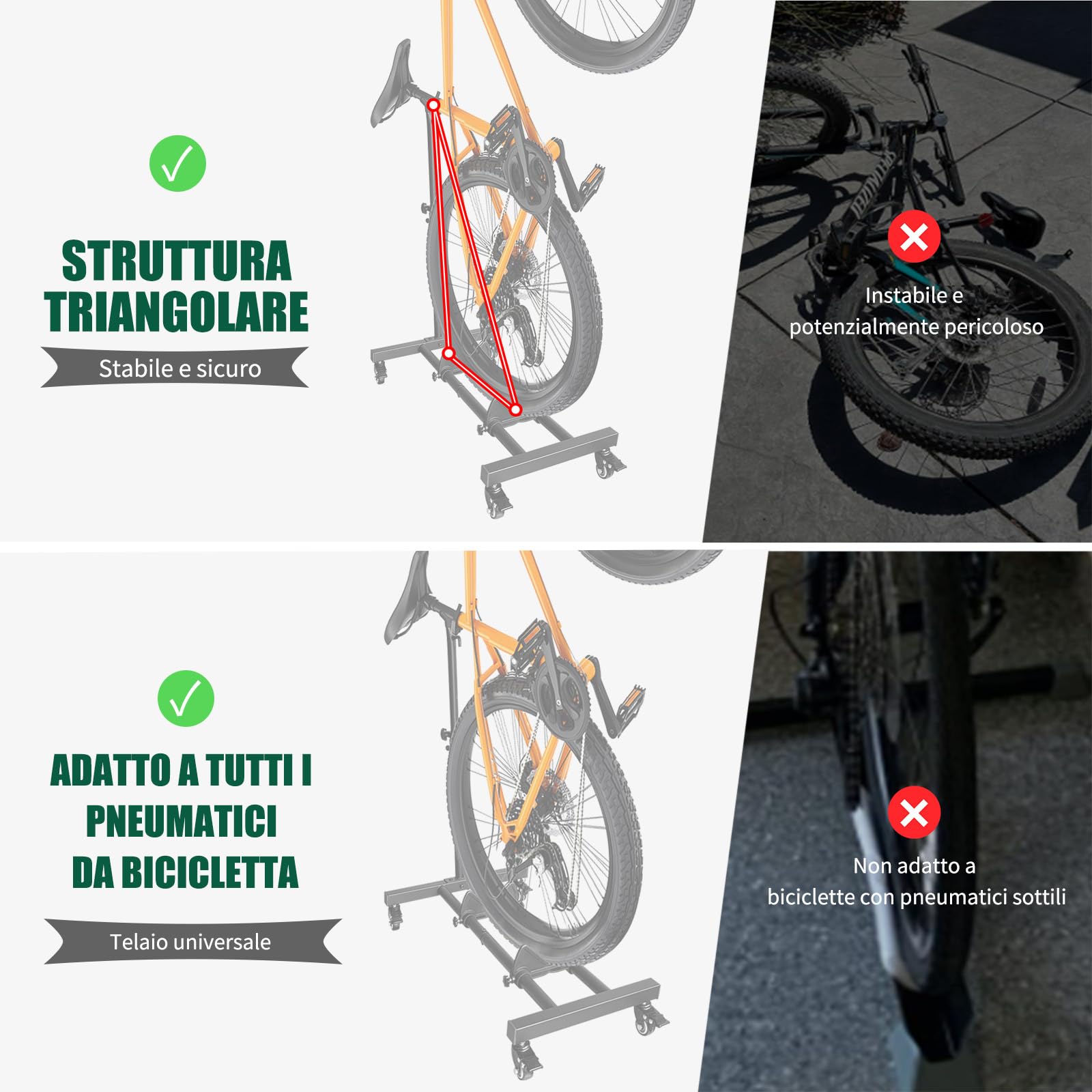 Mimoke Supporto verticale per bicicletta – Supporto da pavimento per bicicletta con ruote bloccabili, altezza regolabile, per tutti i tipi di biciclette fino a 4 pollici di larghezza del pneumatico,