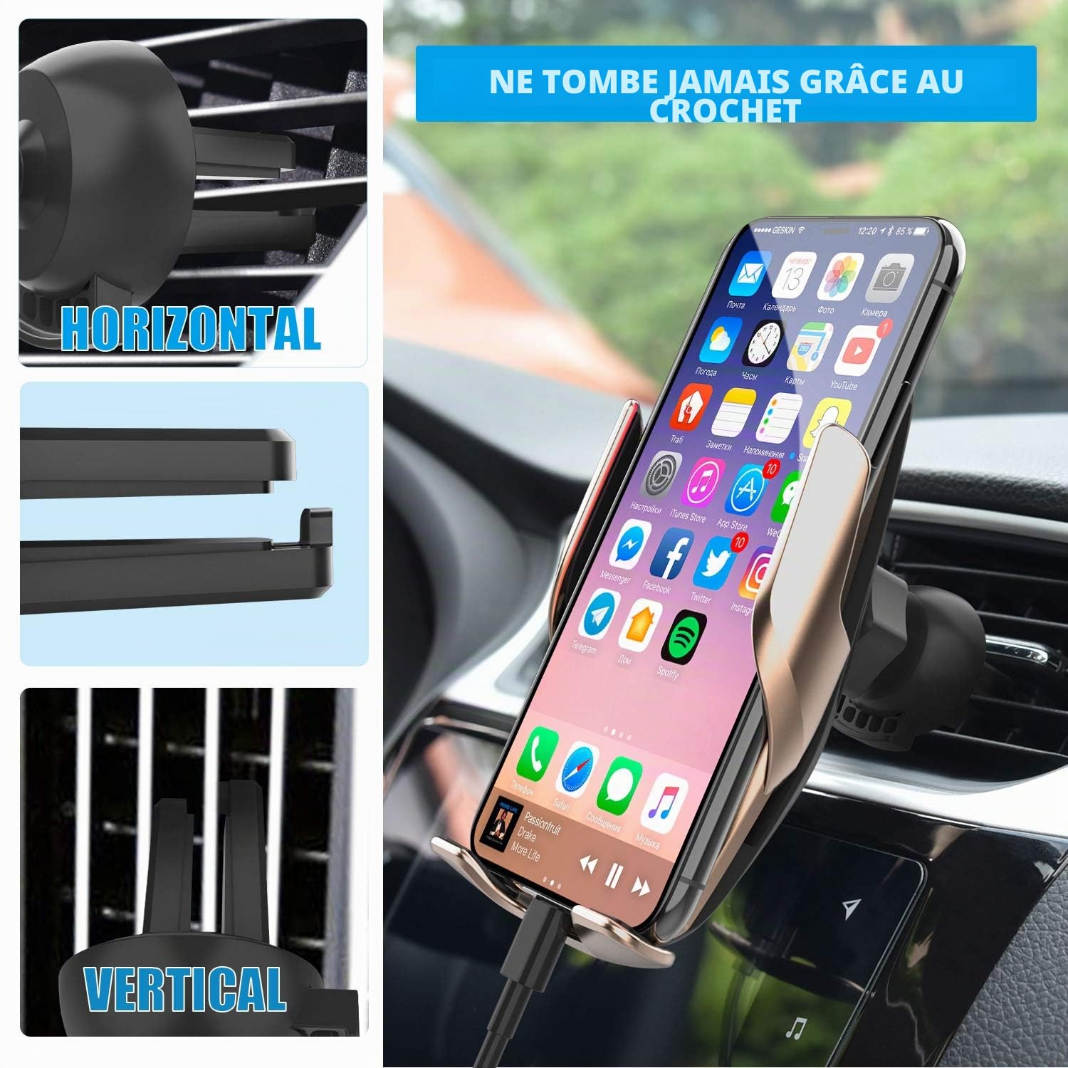 Chargeur sans Fil Voiture 2 en 1 Qi 10W/7.5W/5W Serrage par Induction Automatique Tableau de Bord/Trou d'Aération Porte-téléphone, Compatible avec iPhone 8/8P/X Samsung Galaxy S9+/S8+