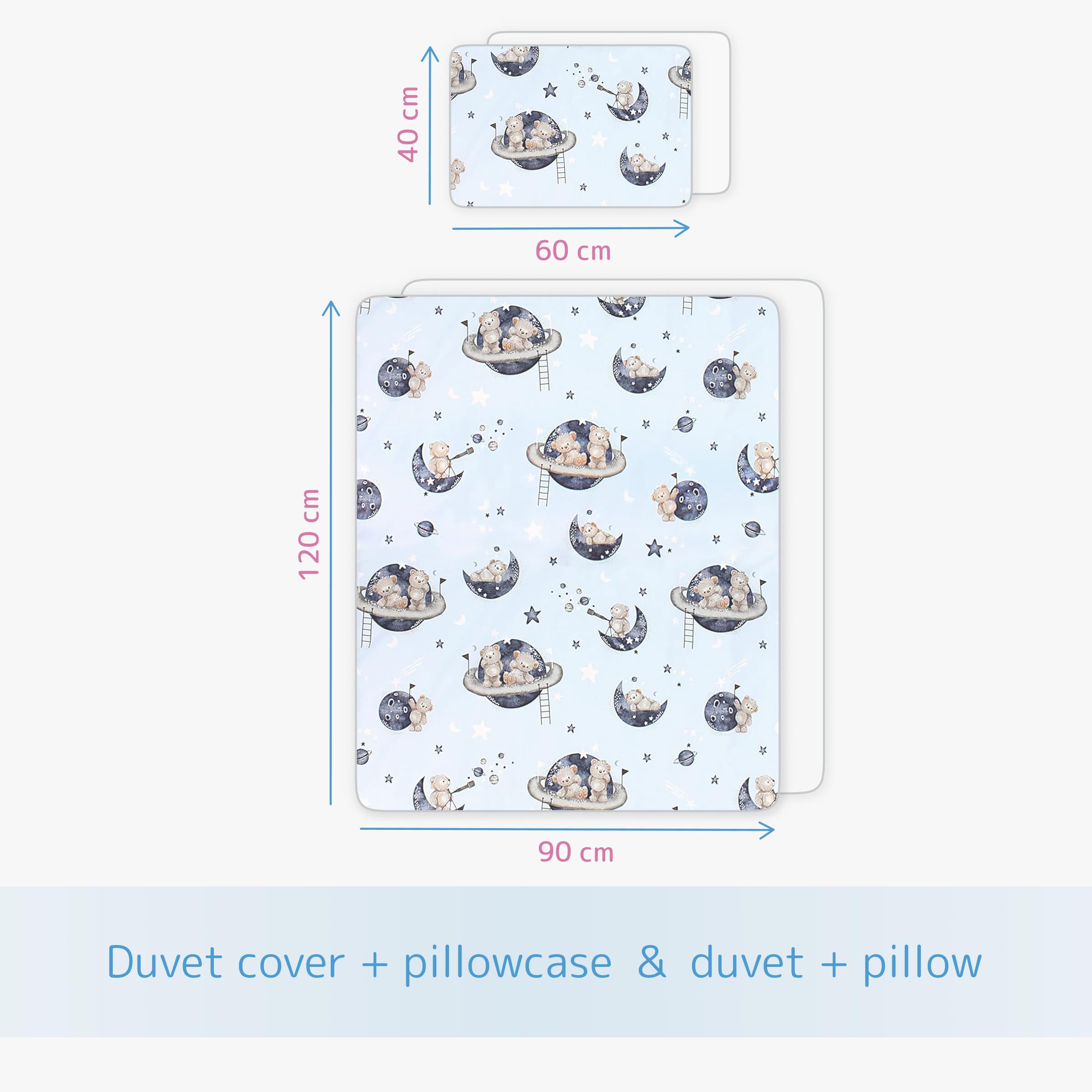 Almohada de edredón de 5 piezas con fundas y sábana de jersey para cuna de 120 x 60 cm (osos en el espacio)