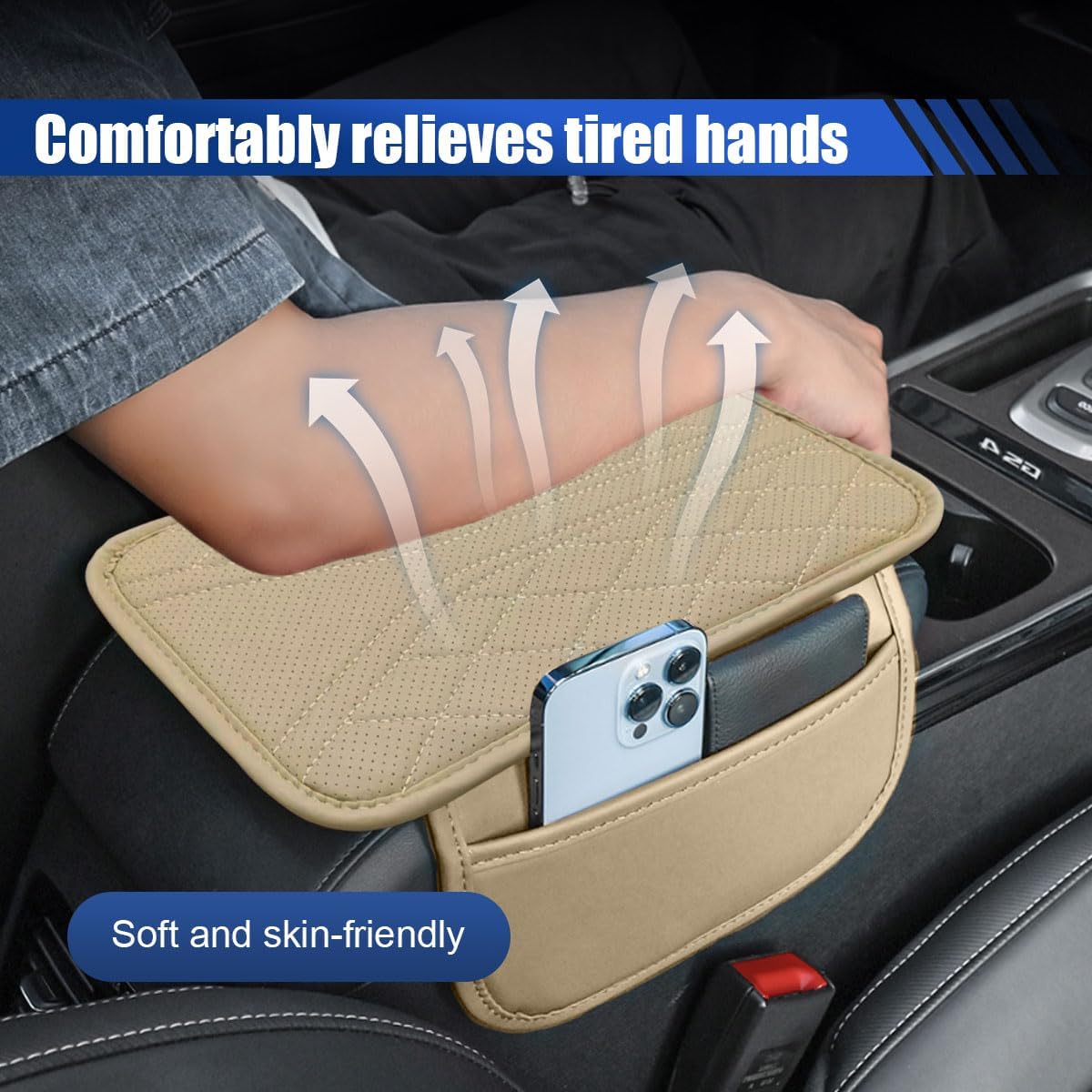 Car Center Console Cover with 2 Storage Bags - Leather Car Armrest Cushion Pad Vehicle Middle Console Cover, Universal Armrest Seat Box Protector Auto Interior Accessories for SUV, Truck, Sedan(Beige) thumbnail