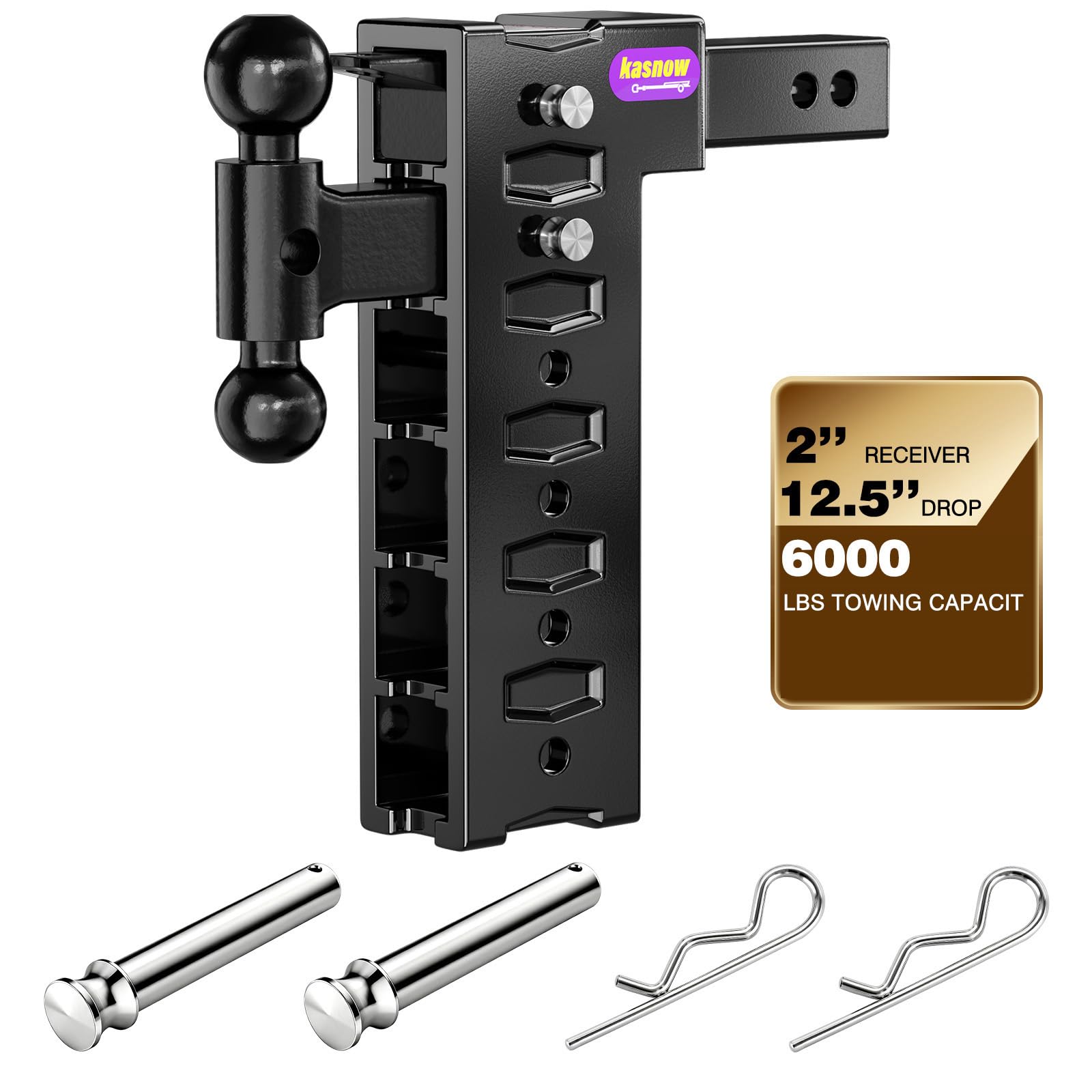 Adjustable Trailer Hitch for 2" Receiver 6000 LBS Towing Capacity, Tow Hitch with 12.5" Drop/Rise, Dual Ball Mount (2" &amp; 2-5/16") with Pintle Lock&amp; Locking Hitch Pins, Drop Hitch for Trucks