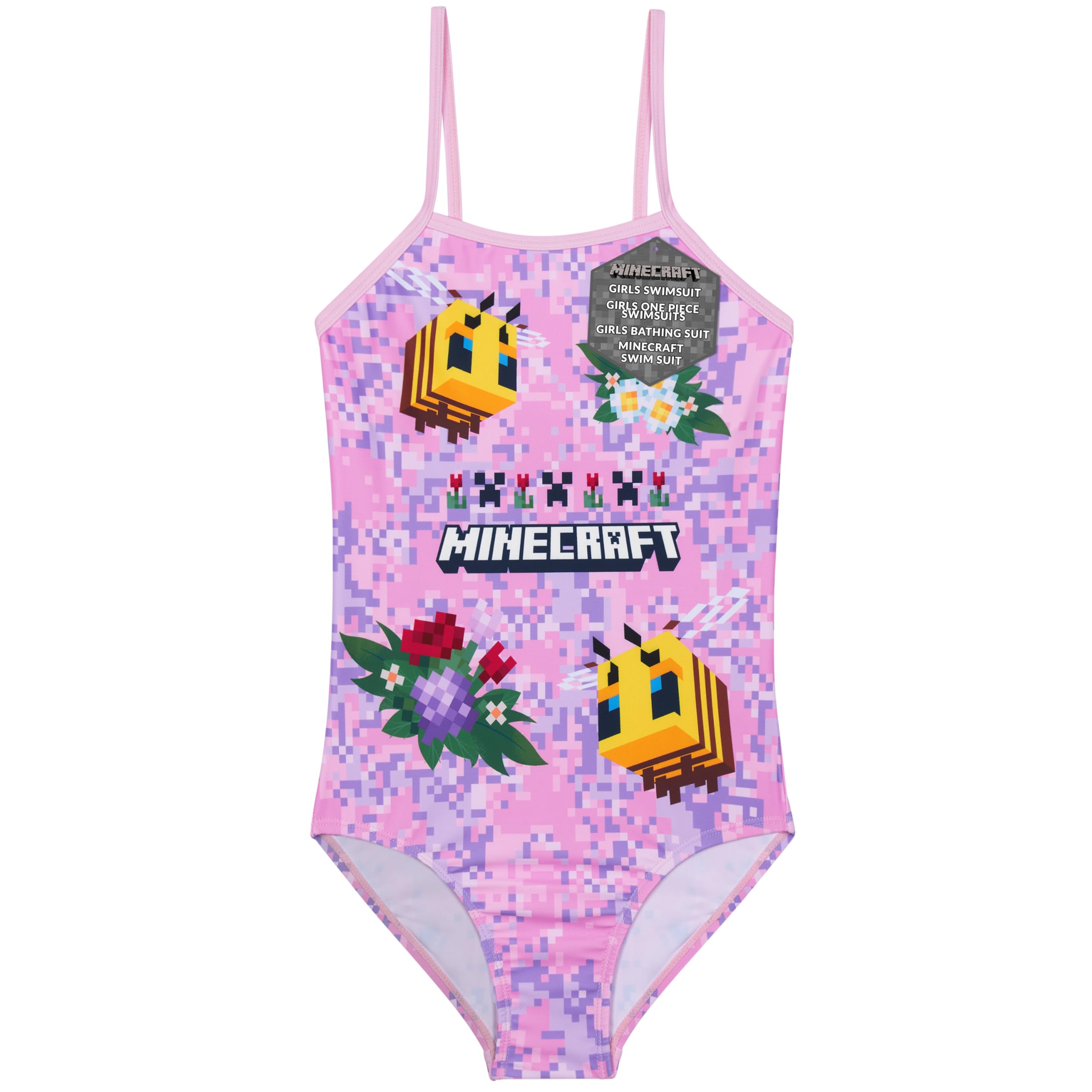 Get Trend Minecraft Girls Swimming Costume Teenagers Creeper One Piece Stretchy Swimsuit Comfy Straps Swimwear for Beach Pool Swimming Holiday Essentials (11-12 Years, Pink Minecraft)
