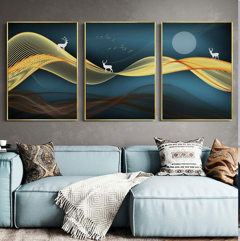 Classic Mural Nordic style living room bedroom bedside Northward favourable abstract deer group background wall painting triple decorative painting core Top Grade Mural (Size : L)