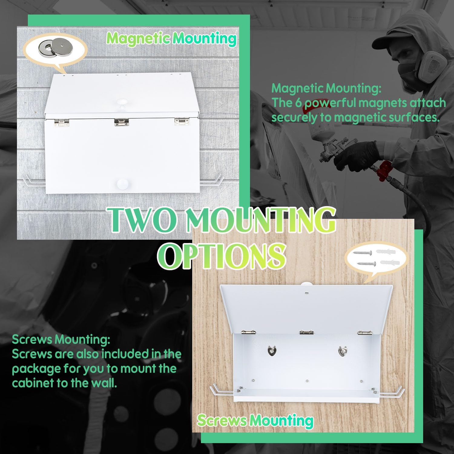 White Magnetic Spray Booth Box, Wall Mounted Spray Booth Box with Dual Compartment and Two Hangers for Spray Guns, Robust Spray Paint Storage Cabinet Designed to Fit Inside the Spray Booth