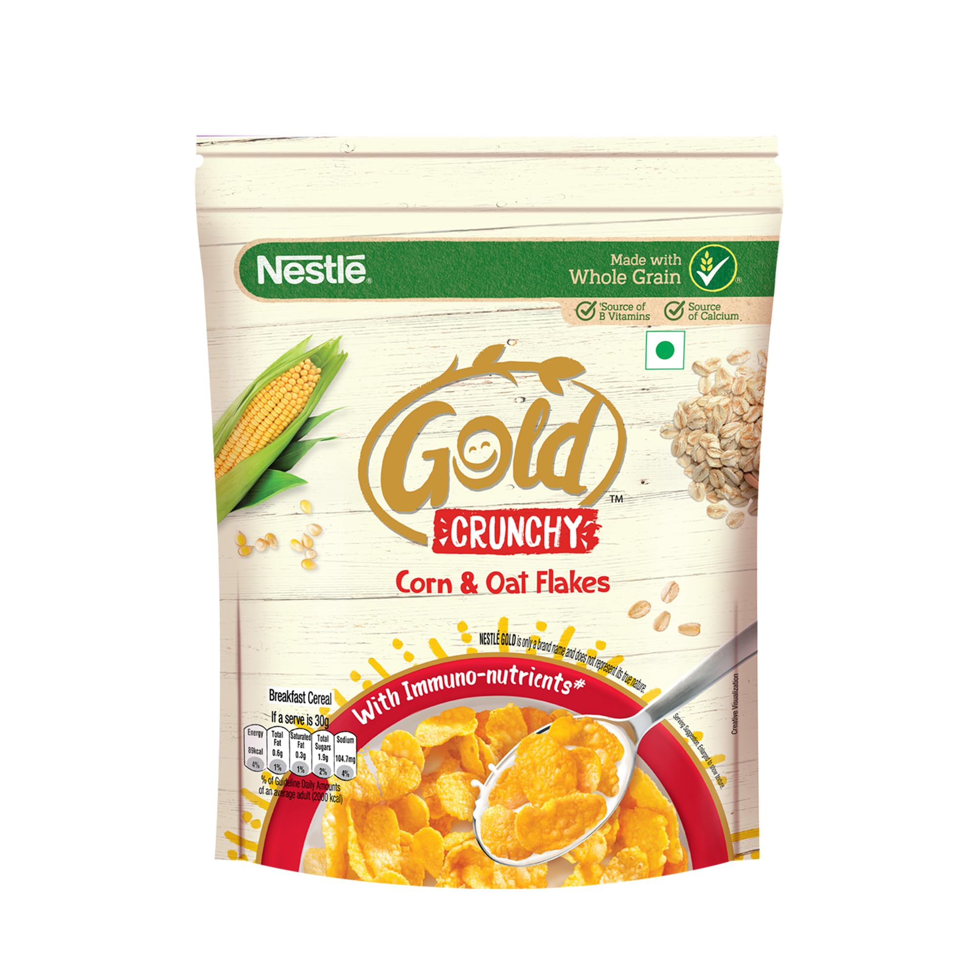 Nestlé Gold Crunchy Corn & Oat Flakes - Breakfast Cereal With Immuno-Nutrients|Made With Whole Grains & The Goodness Of B Vitamins, Calcium & Vitamin D, 475g, Bag-In-Box Pack