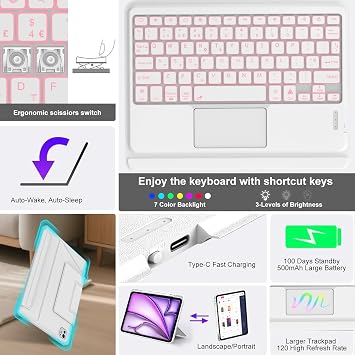 Keyboard Case for iPad Air 13 Inch (M4/M3/M2) & iPad Pro 12.9 inch (3/4/5/6th Gen), Magnetic Detachable Touch Keyboard, 7-Color Backlit, Protective Case with Pencil Holder, Adjustable Stand, White