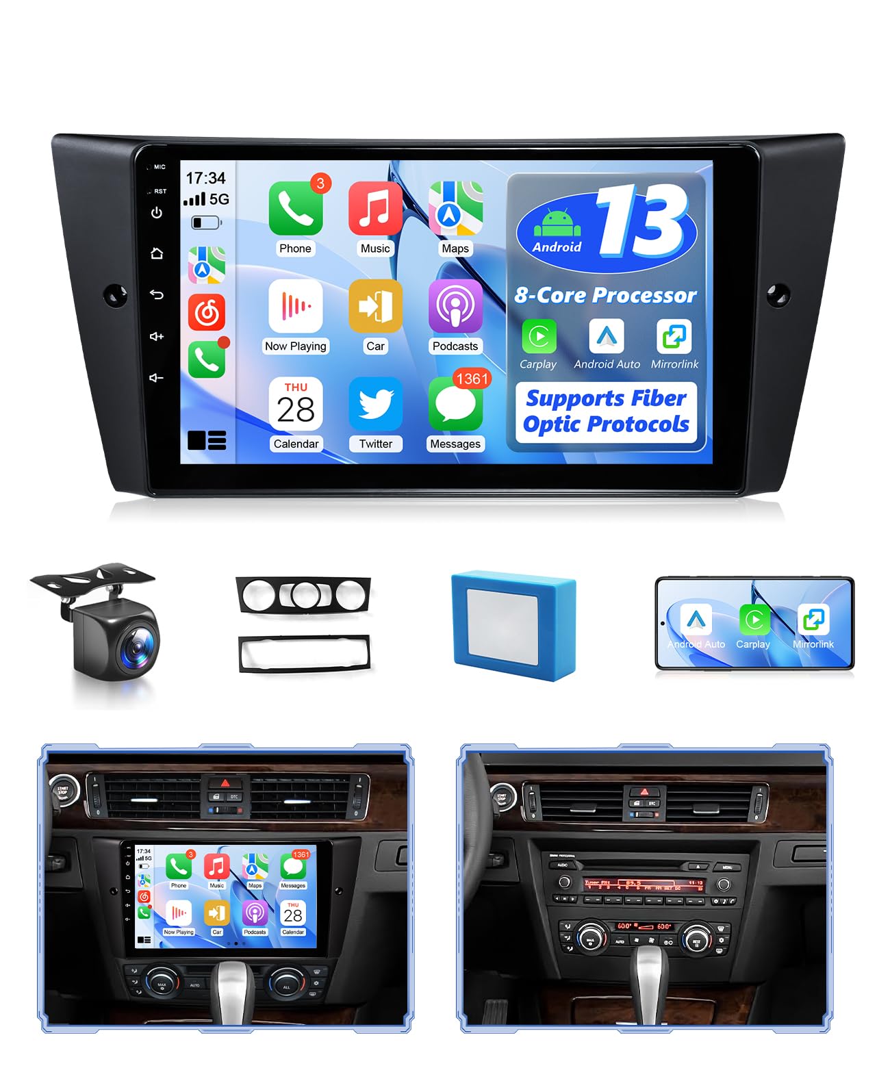 8Core Radio for BMW 328i 335i 325i E90 E91 E92 E93 2005-2011 Stereo Wireless CarPlay Android Auto, 9" Touch Screen for BMW 128i Head Unit BT FM RDS DSP GPS WiFi SWC Camera, 2G+32G Has Fiber