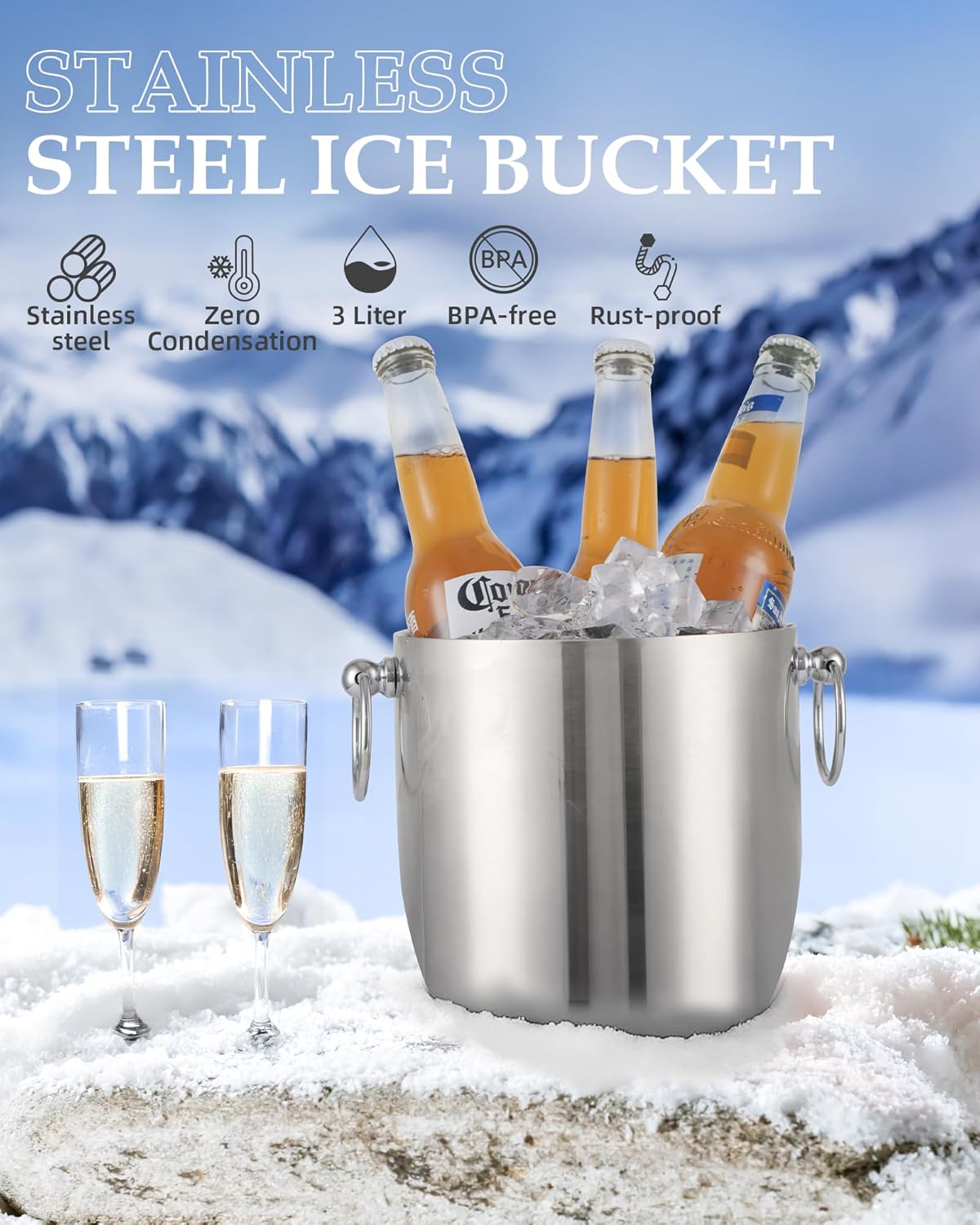 Insulated Ice Bucket, 3L Double Wall Stainless Steel Ice Bucket with Tongs,Lid, Scoop and Strainer, Ice Buckets for Parties,Cocktail Bars, Chilling Beer, Champagne, Wine Bottles - Image 3