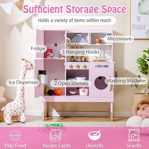 Miniatura 6 de HONEY JOY Juego de cocina para niños, cocina de madera para niños pequeños, microondas, utensilios de cocina, lavadora, campana extractora, juego de