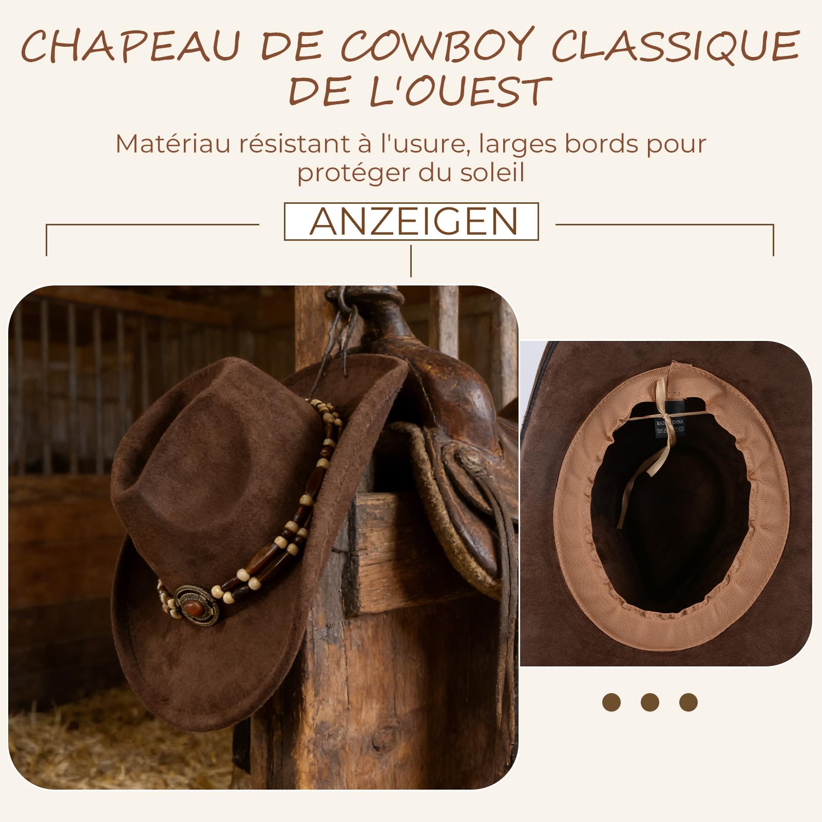 MYKAGS Brown Occidental Cowboy Chapeau Hommes et Femmes Large Edge Outdoor Suede Chapeau Taille Réglable Classique Cowboy Chapeau Design de Mode