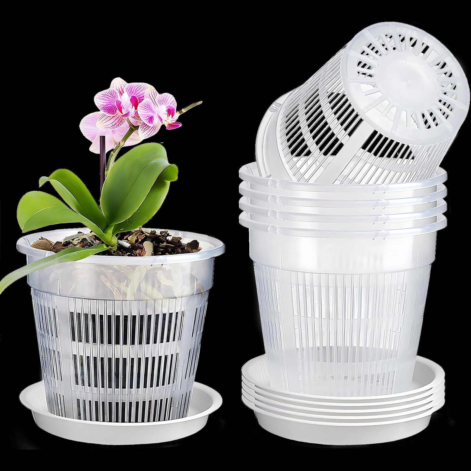 5 Macetas de Orquídeas de Plástico Transparente, Macetero Transpirable de 14 CM, con Orificios de Drenaje, Palet Incluido, Macetero de Plástico para Interior, para Orquídeas Pequeñas Y Medianas