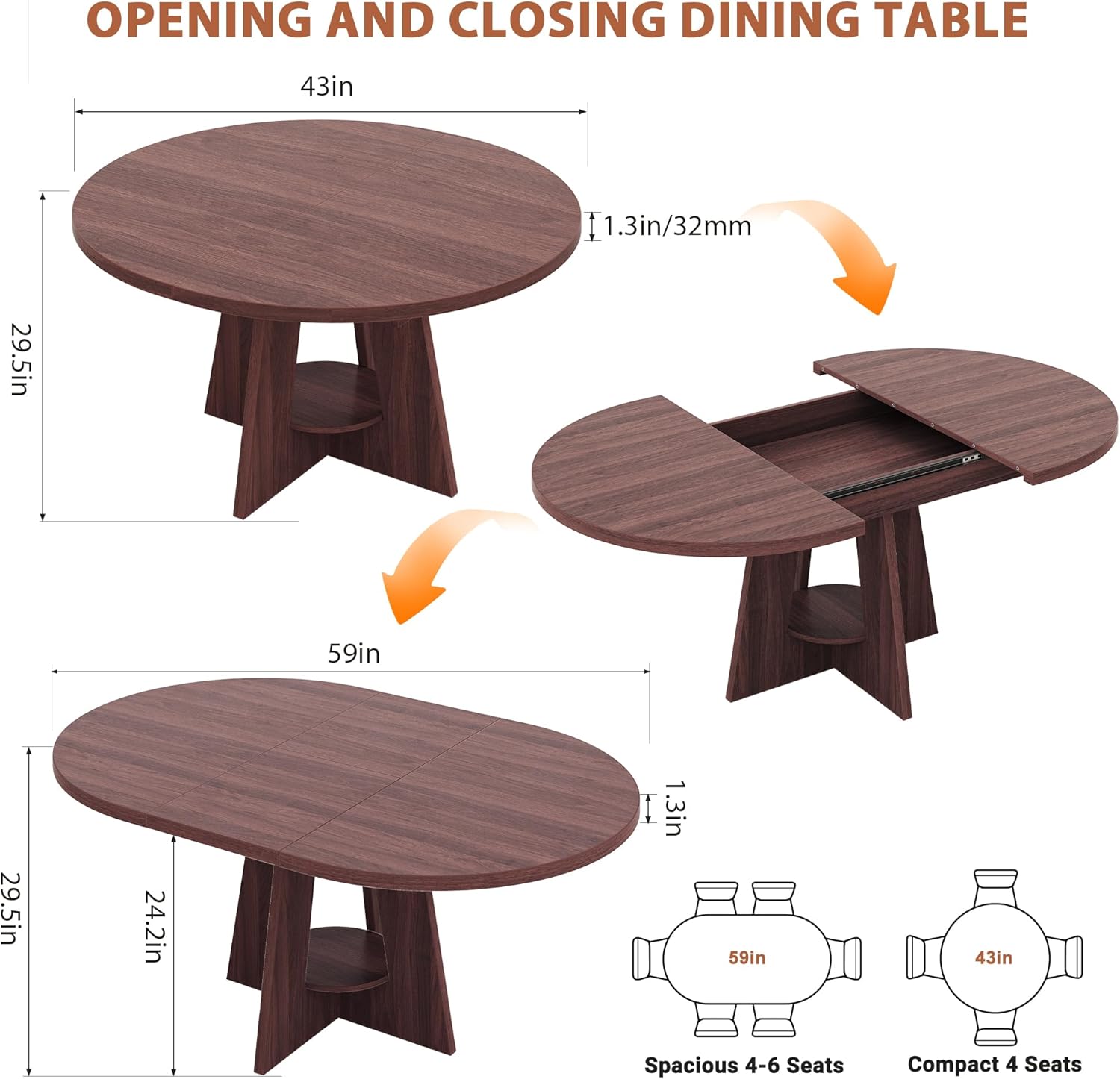 43''–59'' Extendable Dining Table, Round Kitchen Dining Room Dinner Table with for 4 6 8 People, Space Saving Modern Oval Expandale Furniture with Storage and Pedestal for Kitchen Living Room (Brown)