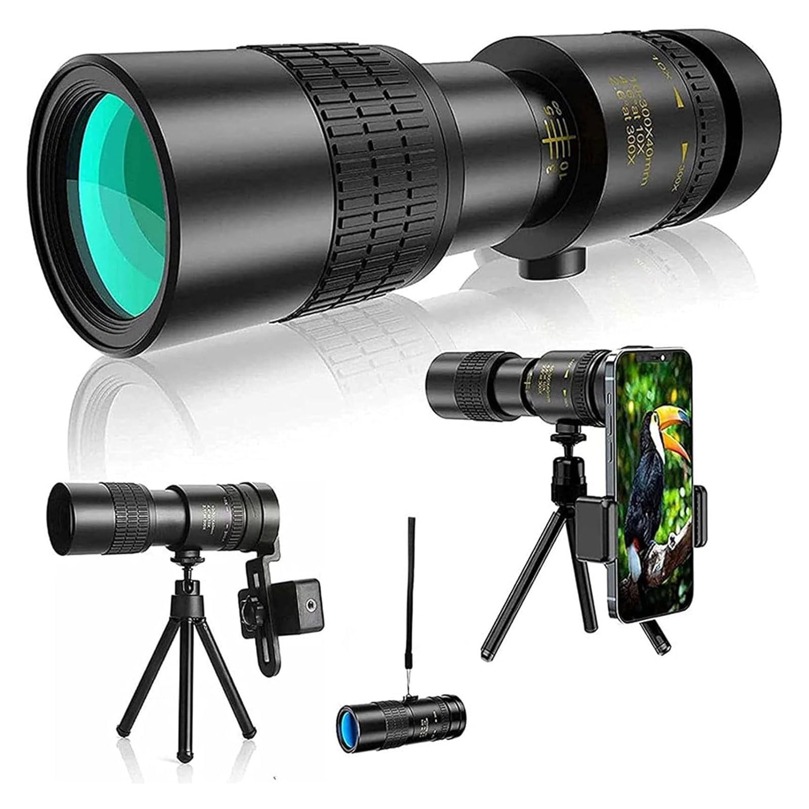 Telescopio monocular de Alta Potencia con Zoom HD 4K 10-300x40 mm, Impermeable, de Alta definición, con Soporte for teléfono Inteligente y trípode for observación de Aves y Senderismo