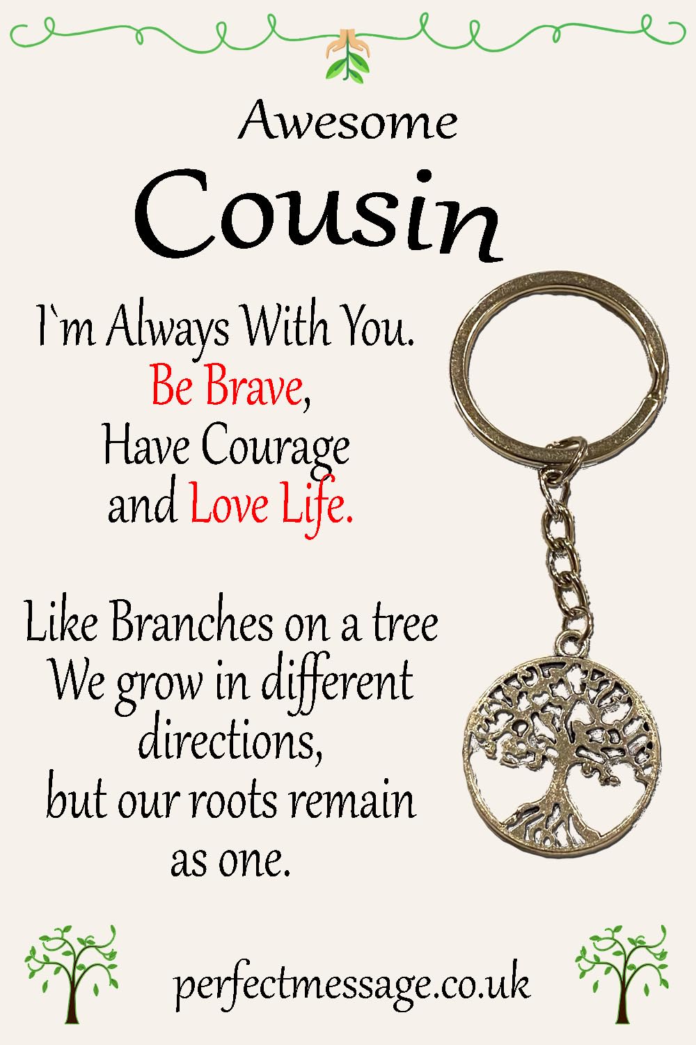 Perfect Message Cousin Gifts Birthday Christmas Keyring Tree Of Life Design 70mm Inspirational Gift