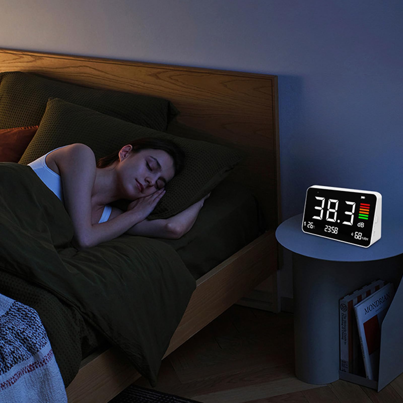 Probador de niveles de ruido recargable, medidor de decibelios, niveles de sonido de escritorio con visualización de temperatura y humedad