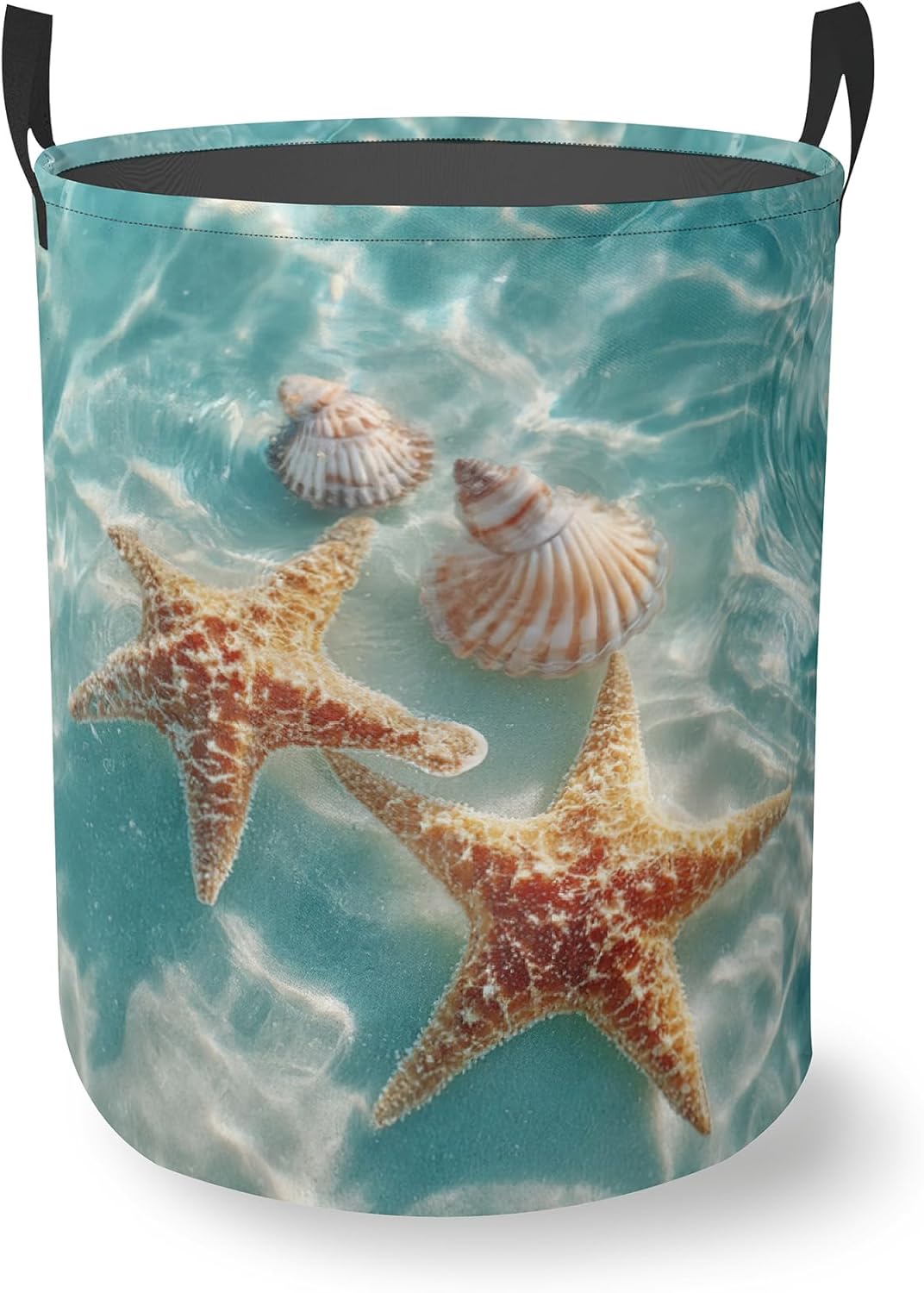 Laundry Hamper Foldable Oxford Cloth Starfish Beach Shells Laundry Basket With Handle Portable Clothes Storage Organizer Basket Storage Bag For Laundry Room/Bedroom/Bathroom