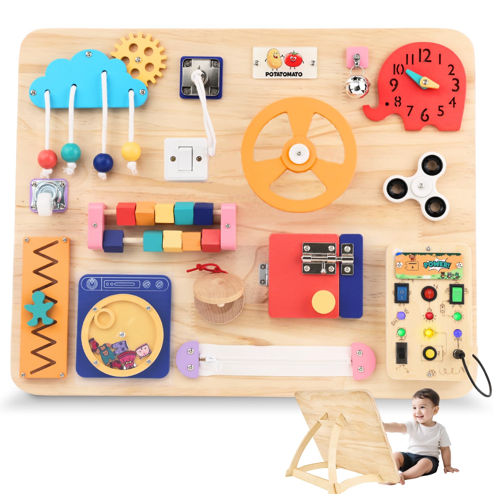 Tablero grande Montessori para niños pequeños, juguete sensorial de madera | Tablero de actividades de madera jumbo con luz LED, soporte y 20 actividades prácticas para jugar habilidades motoras finas