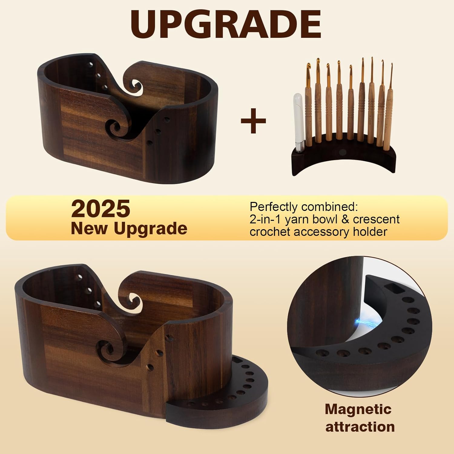 Wooden Yarn Bowl, Craft Knitting Yarn Bowls for Crocheting w/9pcs Knitting Hooks, Sewing Scissors & Crochet Tool Holder, Oval Large Crochet Yarn Holder for Knitting Lovers(Acacia Wooden, 11.1x6x4.8in)