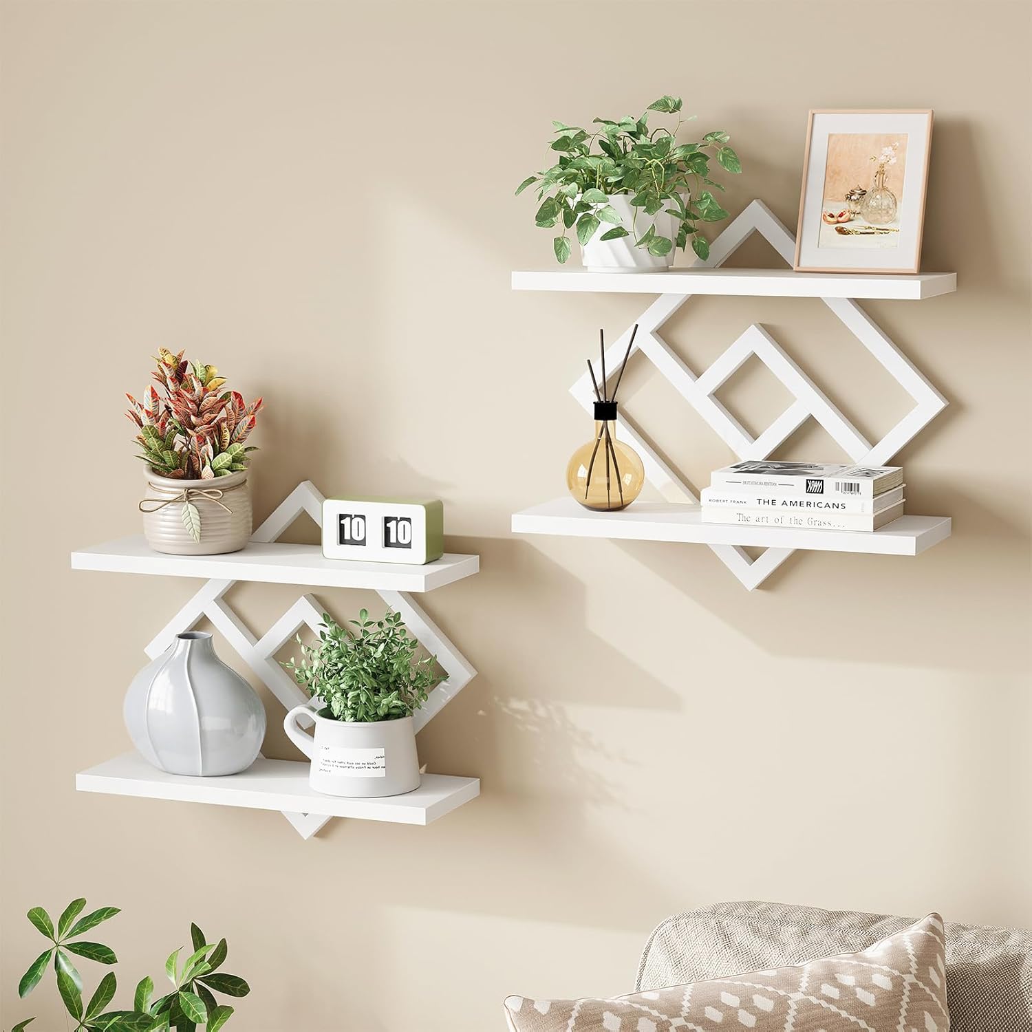 ELYKEN Floating Shelves for Wall, Set of 2 Hanging Shelves, 2-Tier Wall Mounted Storage Shelves for Books & Decor, Perfect for Living Room, Bedroom, Kitchen, Home Office, Study, White