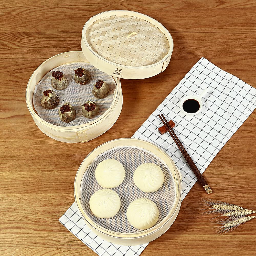 Handgefertigter 17,8 cm Bambus-Dampfkorb mit wiederverwendbaren Baumwolleinsätzen, Mehrzweck-Dampfgarer, 2-stöckig, Dampfgarer zum Kochen von Gemüse, Dim Sum, Bao-Brötchen, Fischfleisch (17,8 cm – 2