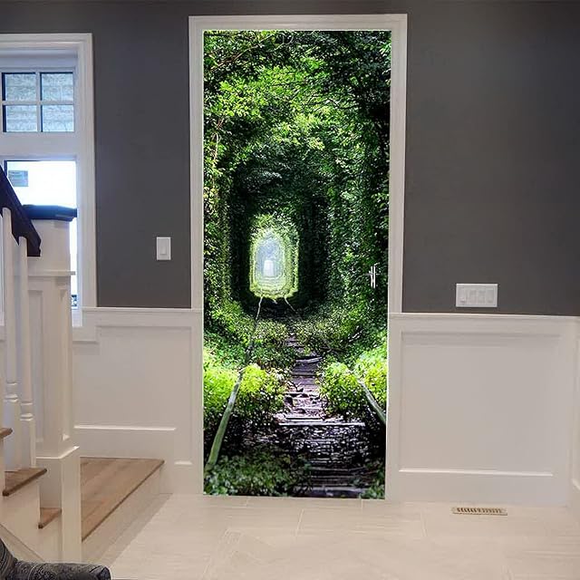 A.Monamour 3D Door Stickers for Interior Doors Natural Tunnel of Love Formed By Trees And Train Tracks in Ukraine Vinyl Waterproof Self Adhesive Door Mural Decals for Bedroom Office 95 x 215 cm