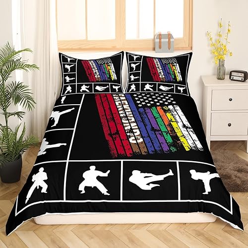 Manfei Funda de edredón de silueta de Taekwondo, juego de ropa de cama de estilo japonés con estampado de bandera estadounidense en acuarela para