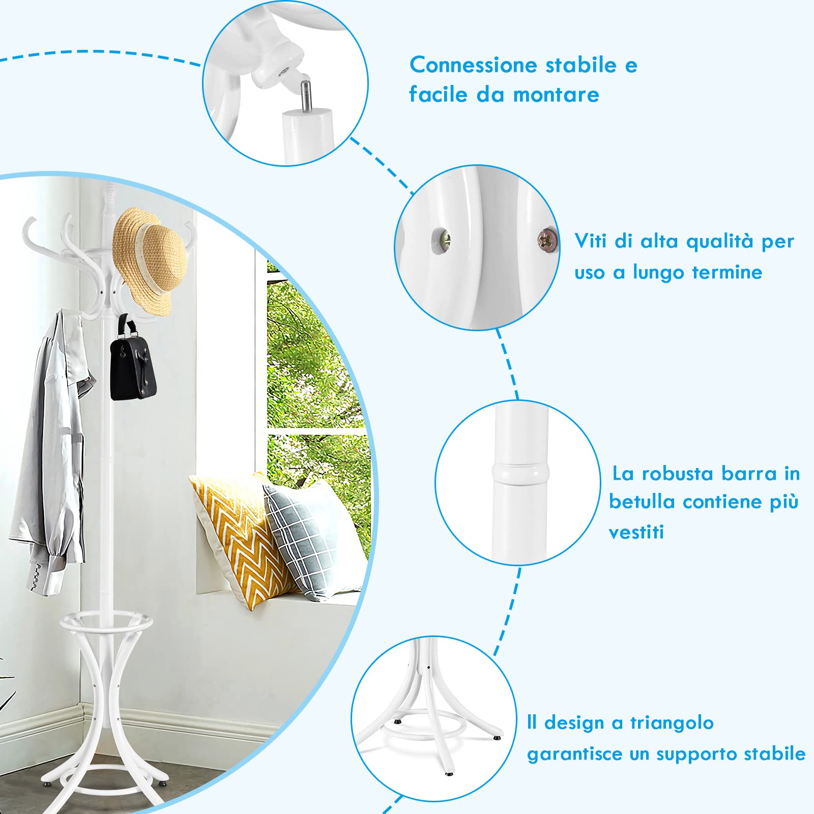 COSTWAY Attaccapanni da Terra Appendiabiti a piedi con 12 ganci in legno ecologico, 51 x 51 x 184 cm (Bianco)