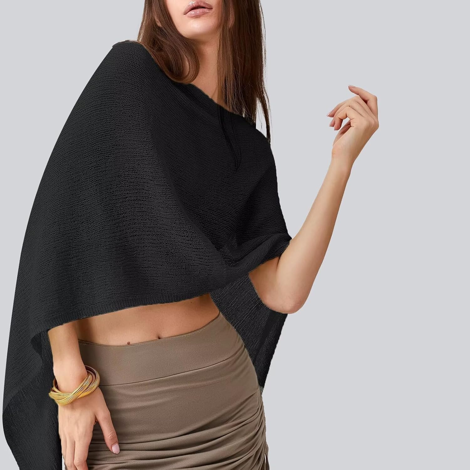 Moss Rose Women's Sheer Poncho Lightweight Knit Crochet Cover Up Batwing Sleeve Shrug Bolero Mesh Top Beachwear Sweater - Image 4