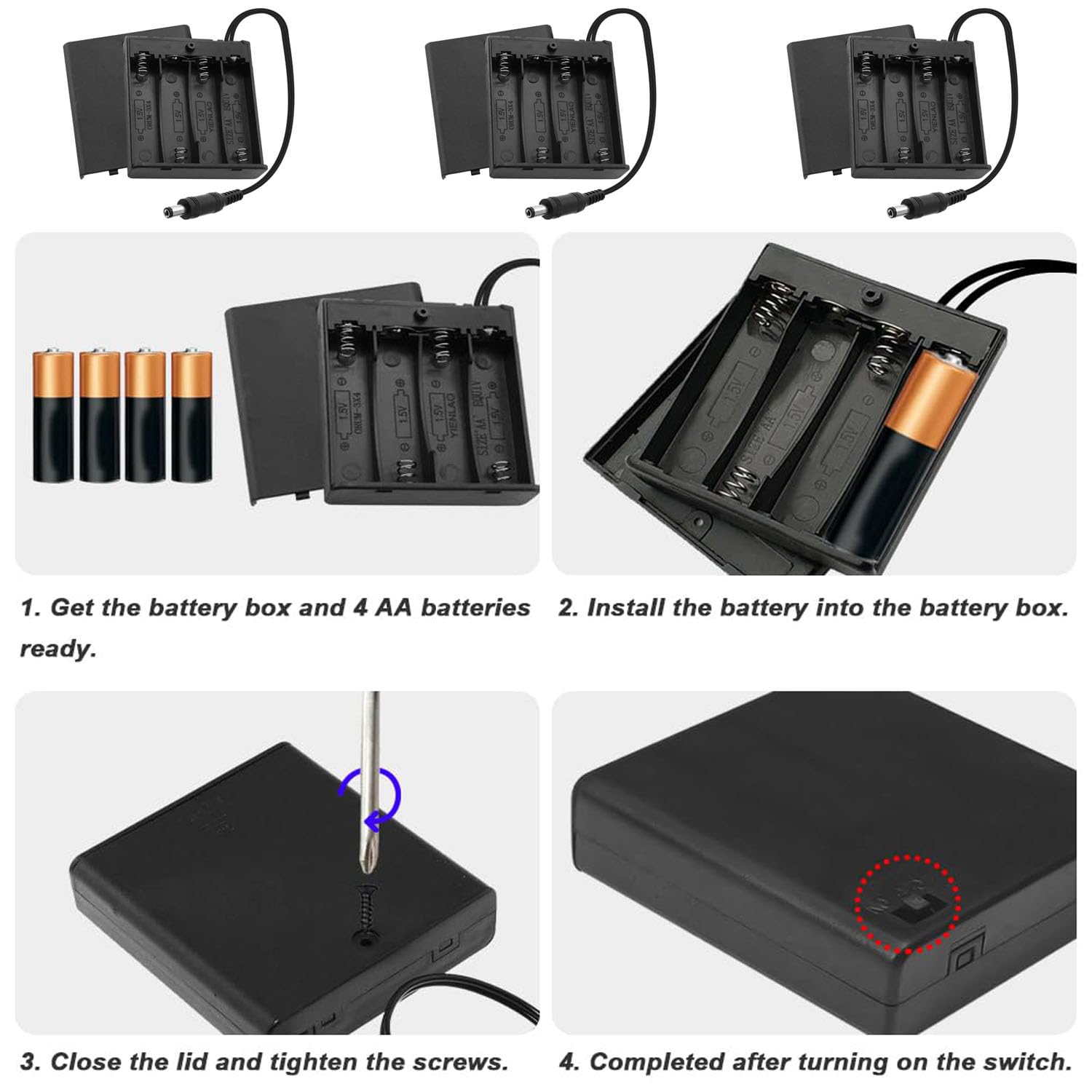 VISSQH AAA Batteriehalter 4x1,5V – 3 Stück, 6V, Mit Kabel, Inkl. Aufbewahrungsbox, Für DIY & Elektronik