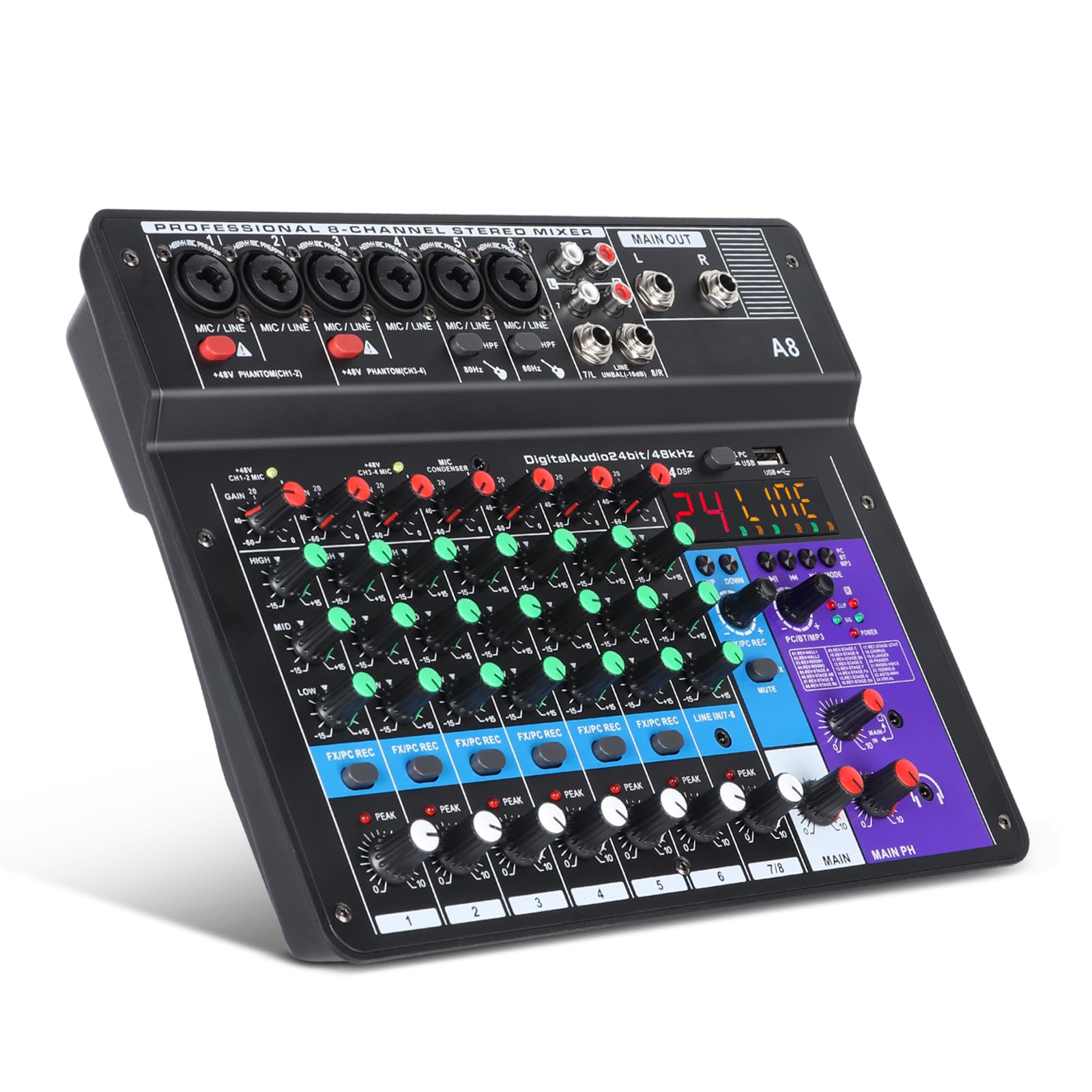 XTUGA A8 Audio-Mischpult, 8 Kanäle, mit USB-Mischpult, Bluetooth-Audio-Mixer und 48 V Phantomspeisung, Rückschleifenfunktion, ideal für Shows und Meetings