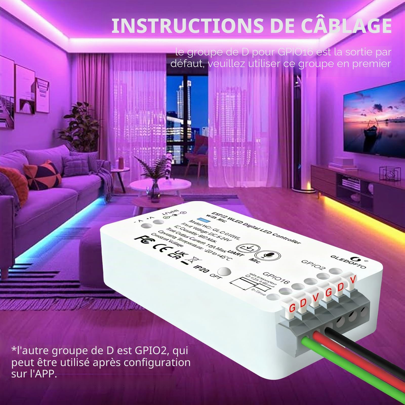 Wled ESP32 WLED Digital Strip Light Controller with MIC Function GL-C-010WL-D Réglable Band with Micro Télécharger WS2811 2812B 2813 2815/GS8208/SM16703P SK6812/TM1814