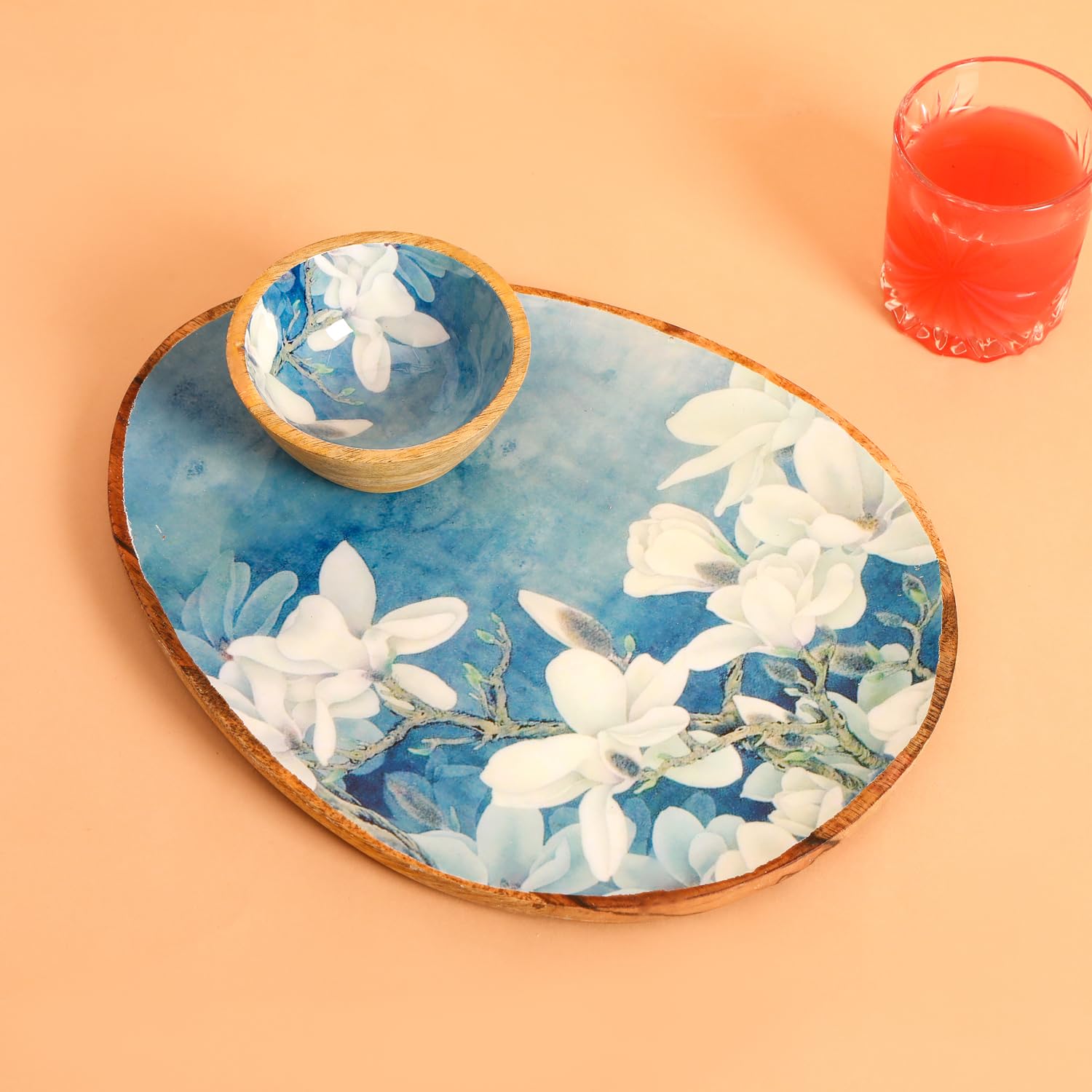 The Home CO. Mango Wood Egg Shape Serving Platter for Home Décor | White Flower Serving Tray with Bowl | Food, Snacks & Dessert Serving Plate, Blue, White (2 pcs Set with Bowl)