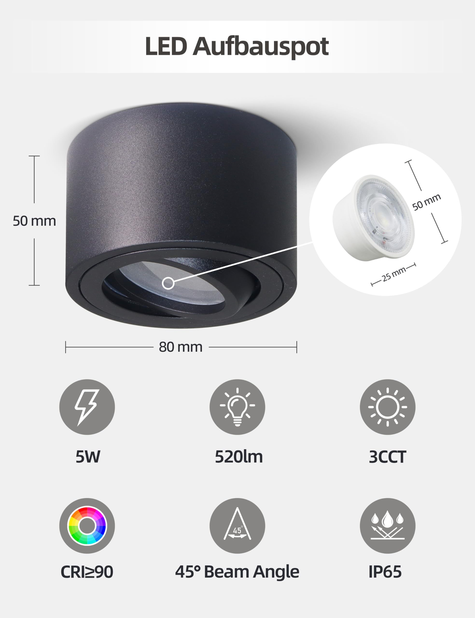 4er Set Aufbauspot Schwarz, LED Aufbaustrahler Deckenstrahler, IP65 für Badezimmer, 5W 520lm Warmweiß 3000K / Neutralweiß 4000K / Kaltweiß 6000K, aus Aluminium, Ø80x50mm, LED Modul 230V, CRI90+