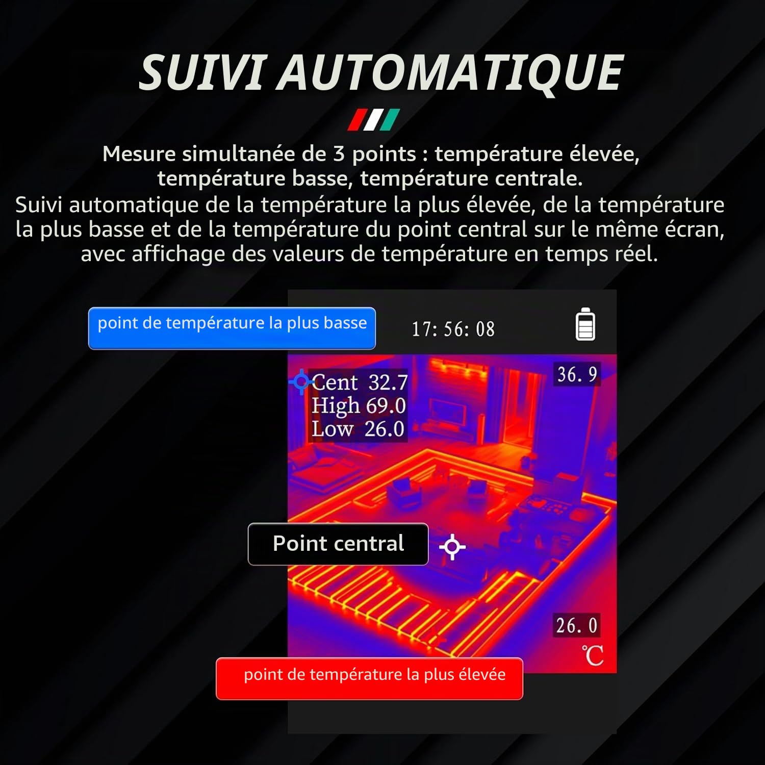 caméra thermique infrarouge 96x96 pixels, -20°C~550°C, 25Hz | Caméra de détection de chaleur pour électricien et maintenance industrielle avec FOV 50°, écran LCD 2.4 pouces, autonomie 8H