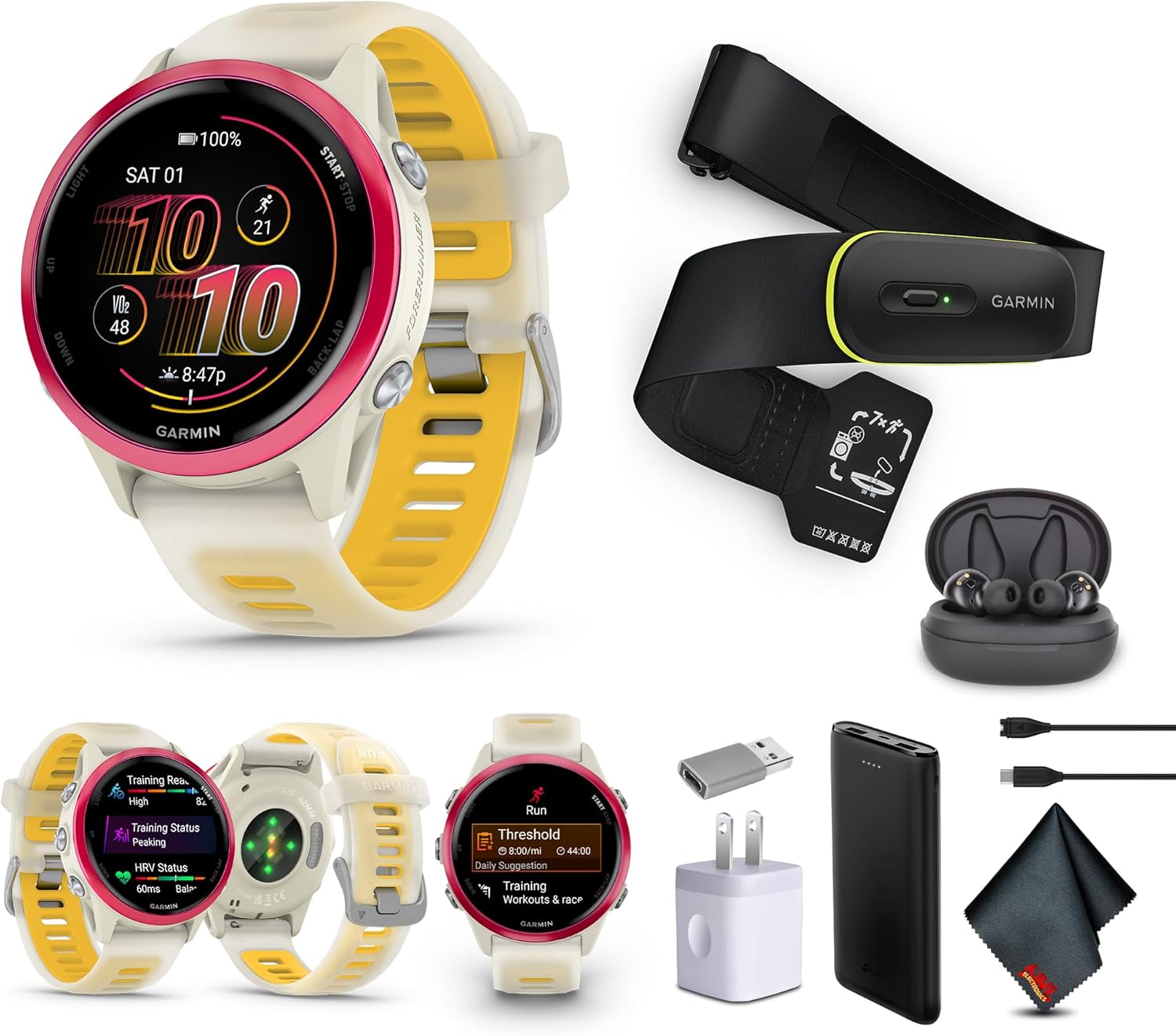 Garmin Forerunner 570 Running Smartwatch, 42MM WiFi, GPS Fitness Smart Watch for Men and Women, Raspberry Aluminum with Translucent Bone/Mango Band​ + Access 600 Fitness Monitor, XS-S​​ + More
