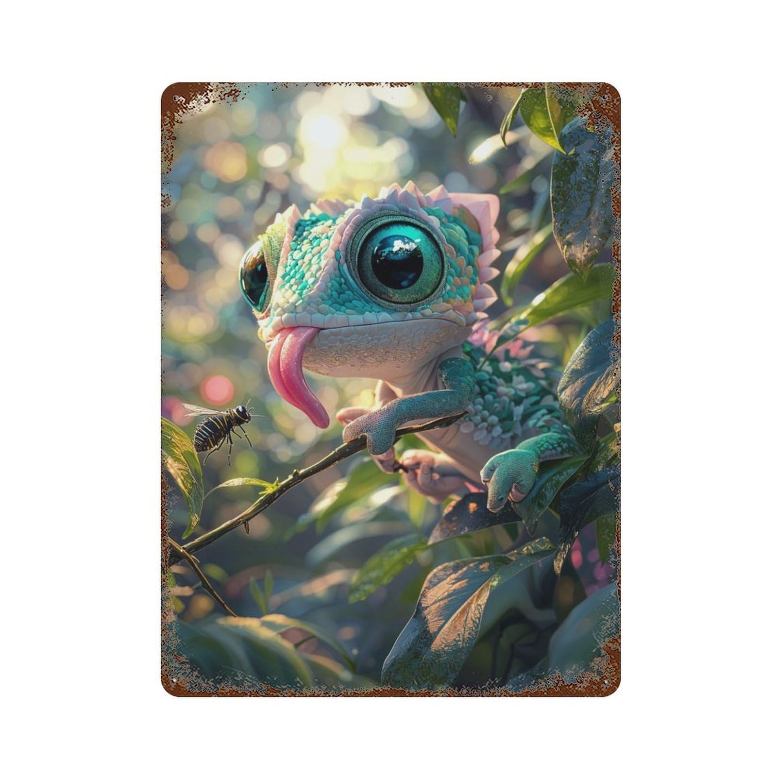 Cute Chameleon with Big Eyes Decorative Tin Sign 15.7"x11.8", Ideal for Garage, Bar And Workshop Decor
