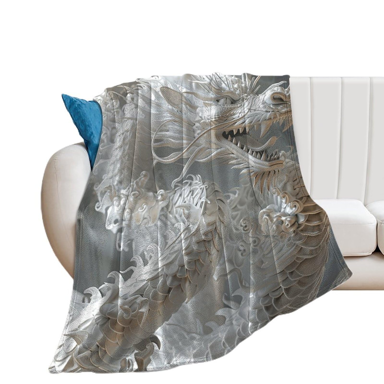 Couverture flanelle motif dragon blanc 150x200 plaid lit canapé