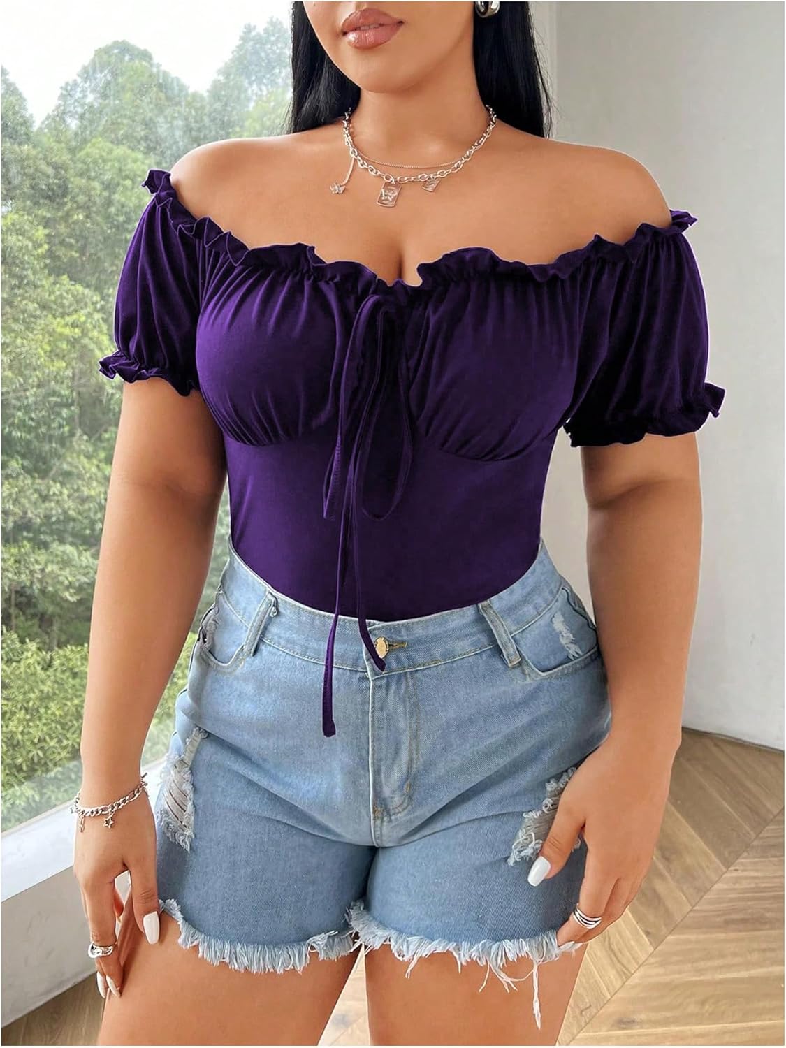 WDIRARA Women's Plus Size Off The Shoulder T Shirt Tie Front Puff Sleeve Tee Ruched Going Out Tops - Image 5