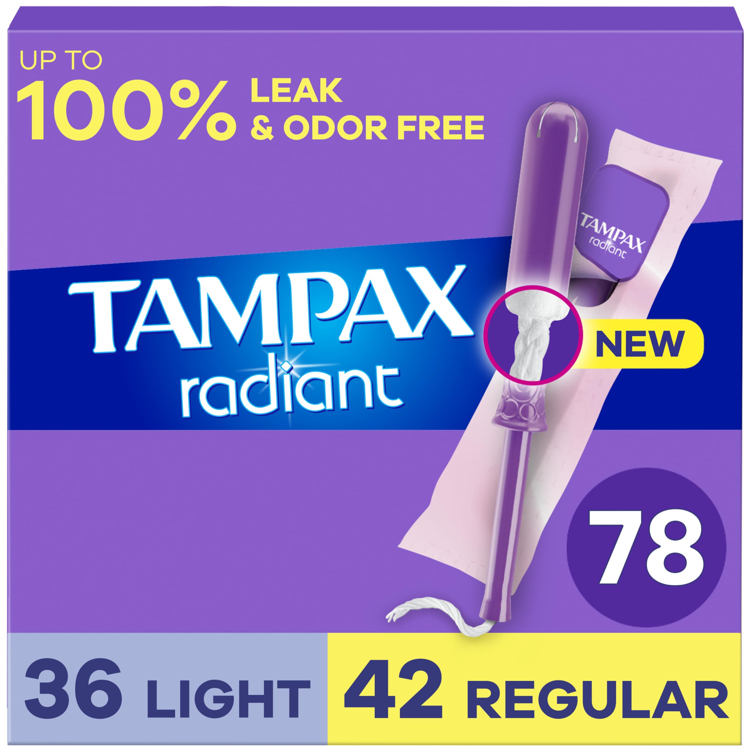 Tampax Radiant Tampons Multi Pack con treccia LeakGuard, assorbenza leggera/regolare, inodore, 26 pezzi x 3 confezioni (78 pezzi totali)