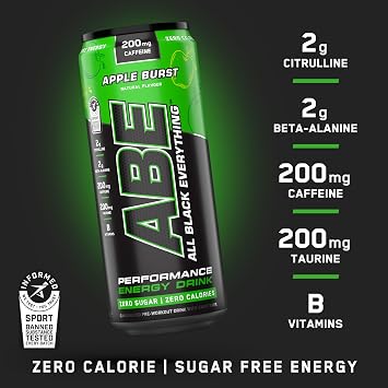 Applied Nutrition ABE Pre Workout Cans - All Black Everything Energy + Performance Drink, ABE Carbonated Beverage Sugar Free with Caffeine (Pack of 12 Cans x 330ml) (Apple Burst)
