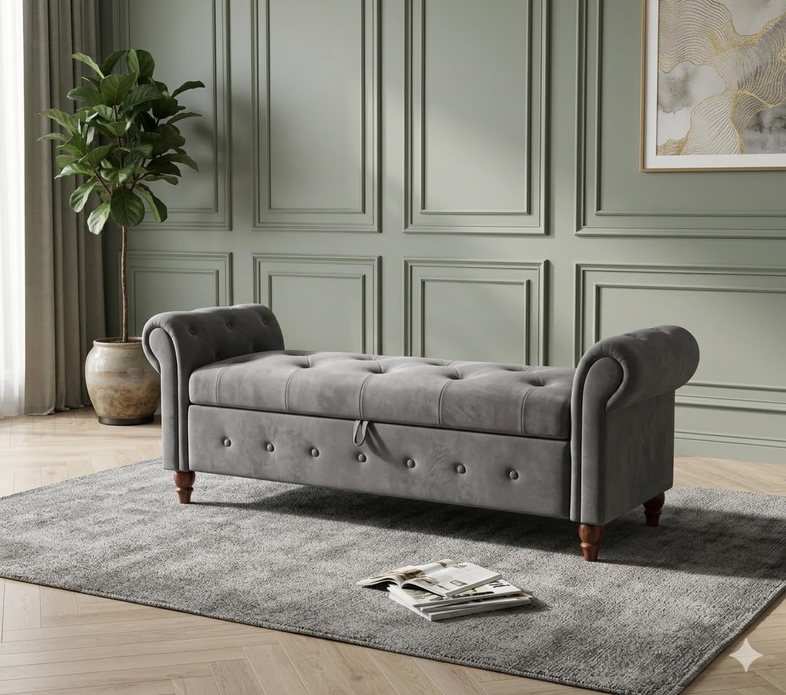 dmk sheesham wood fabric upholstered bench with armrests | tufted puffy settee 3 seater sofa bench for bedroom, living room & hallway | solid wood frame upholstered accent seating bench (grey)