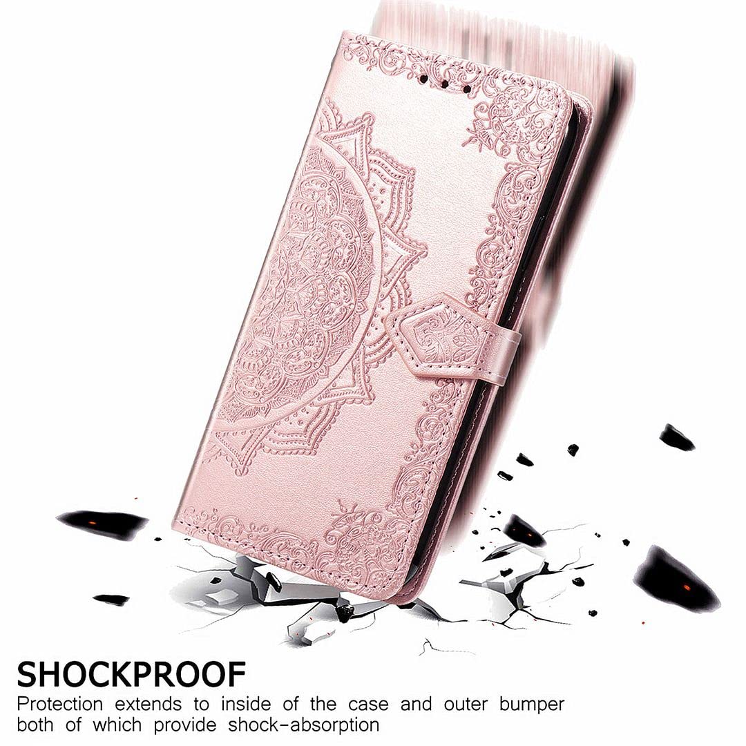 Custodia Portafoglio Fertuo Per TCL 40 SE - Fodere In Pelle Con Disegno Mandala In Rilievo, Porta Carte, Chiusura Magnetica E Cinturino - Colore Oro Rosa