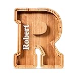 Summidate Customized Name Large Wooden Piggy Bank for Kids Boys Girls Alphabets Letter A-Z Coins Bills Money Change Bank Box Initial on Clear Cover (Laser Engraved) (Alphabet-R, Personalized-9)