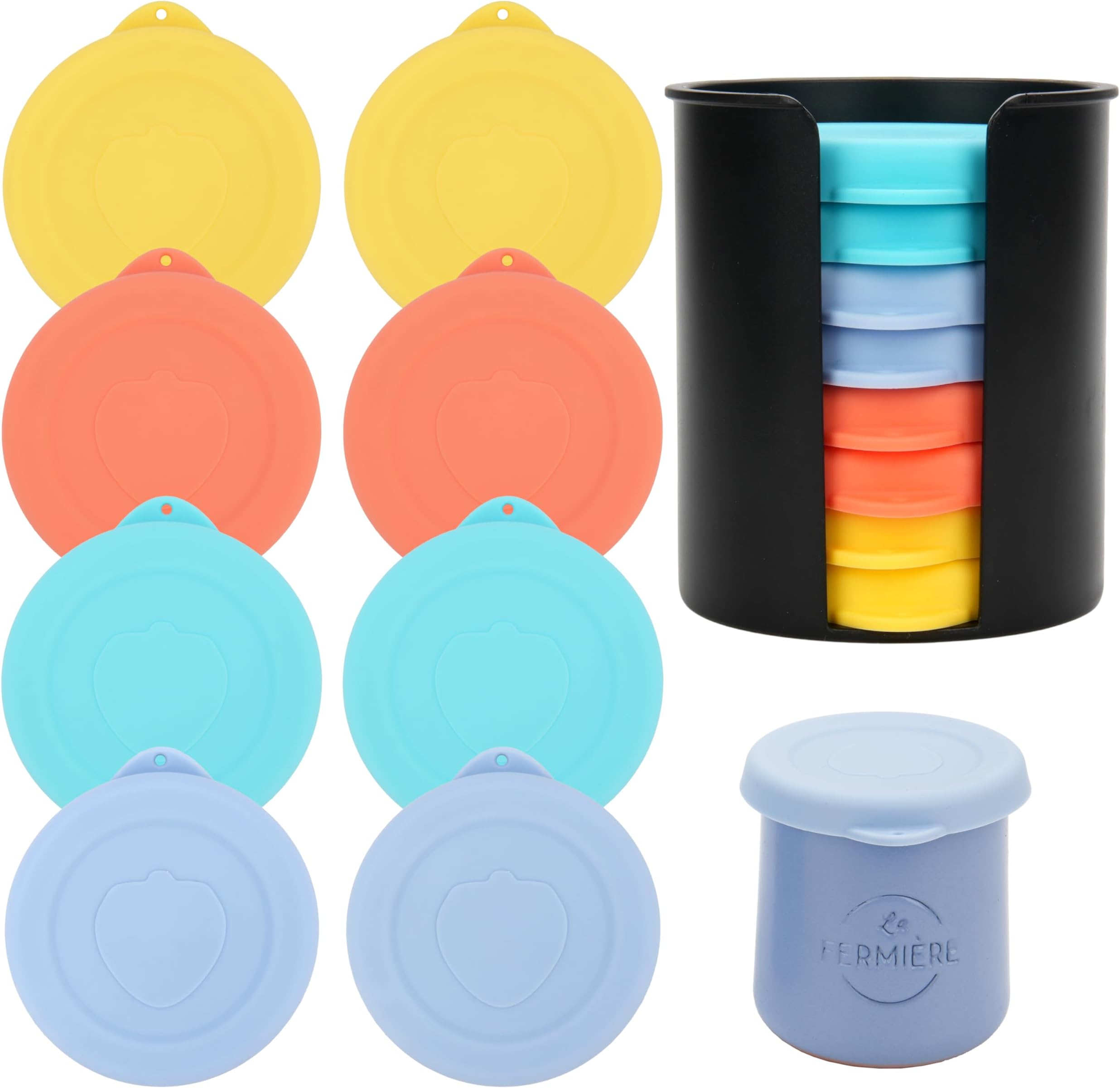 Yogurt Jar Lids Silicone 8 PCS with Jar Lid Organizer, Replacement Jar Covers for La Fermiere Yogurt Jars, Perfect for Yogurt Oatmeal Pudding, Food-Grade, Leakproof, Stackable(Jars NOT Included)