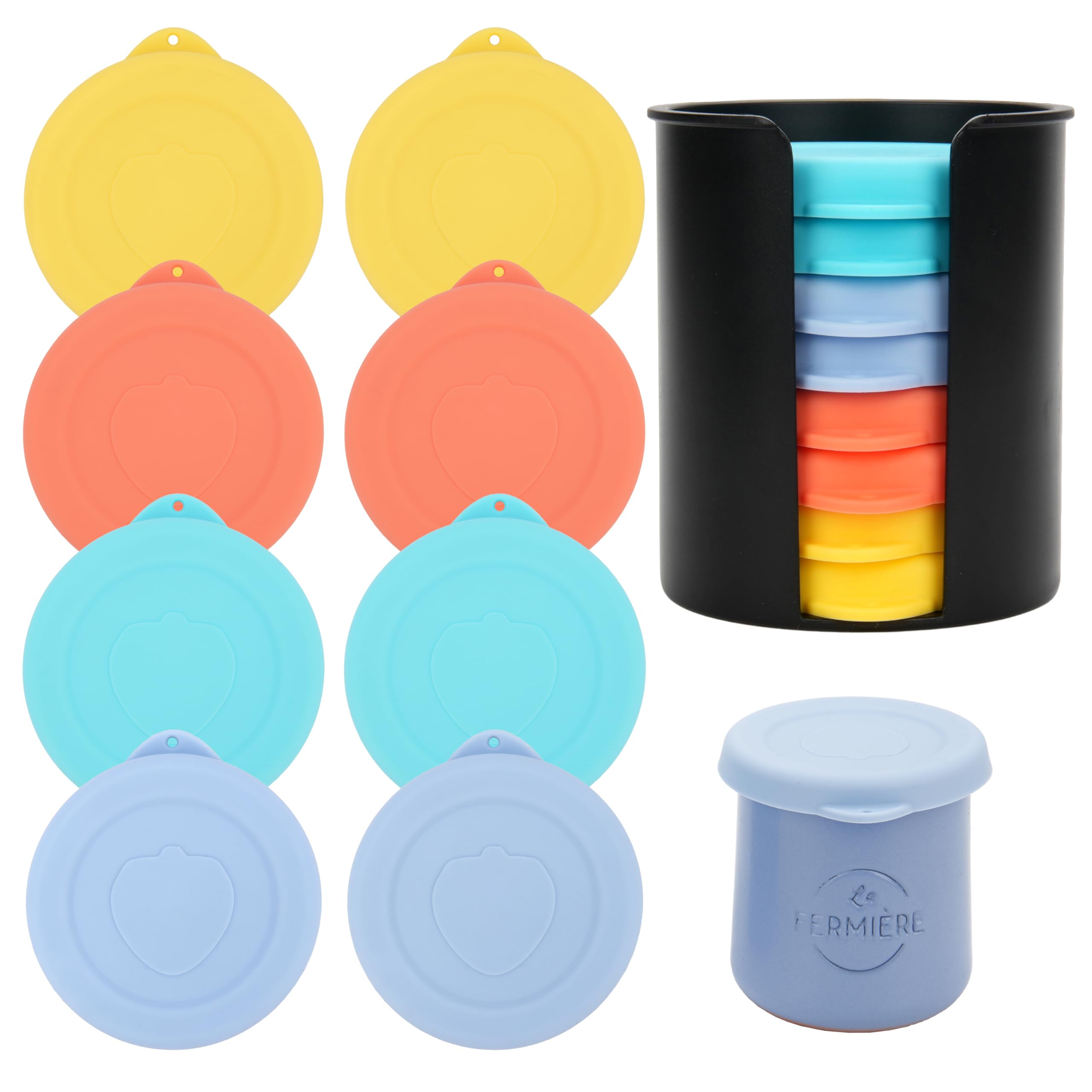 Yogurt Jar Lids Silicone 8 PCS with Jar Lid Organizer, Replacement Jar Covers for La Fermiere Yogurt Jars, Perfect for Yogurt Oatmeal Pudding, Food-Grade, Leakproof, Stackable(Jars NOT Included)