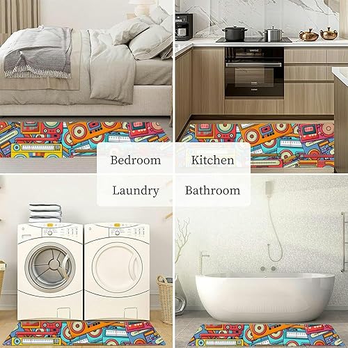 Miniatura 6 de Juego de 2 tapetes de cocina de estilo retro de los años 70, 80 y 90, estilo garabato, juego de 2 tapetes de cocina antideslizantes y lavables para